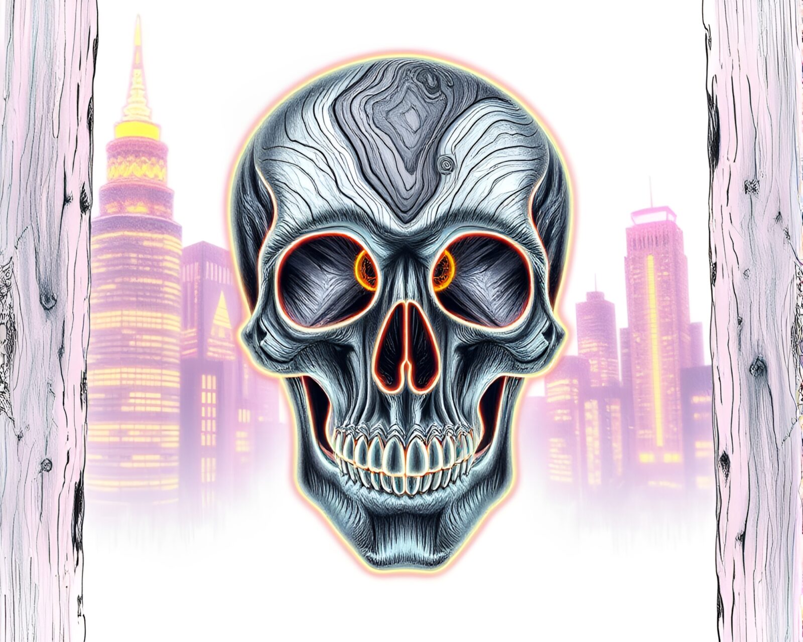 Pencil sketch of crystal skull surrounded by neon city lights
