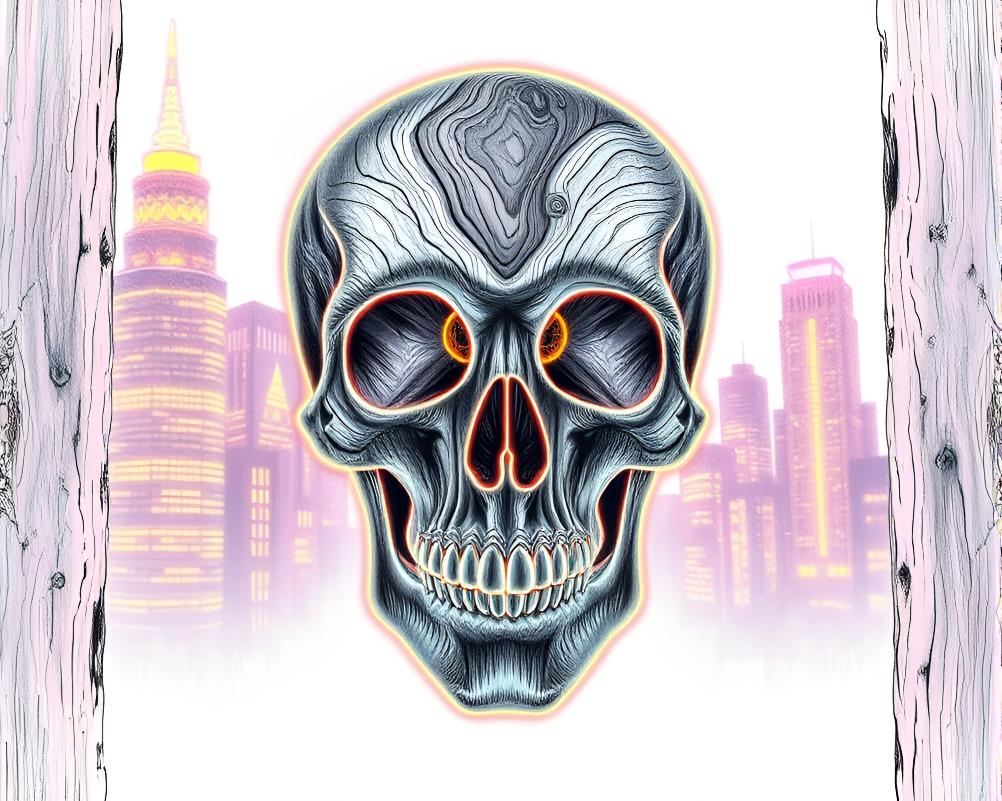 Enigmatic Crystal Skull in Neon City Sketch – free AI stock image