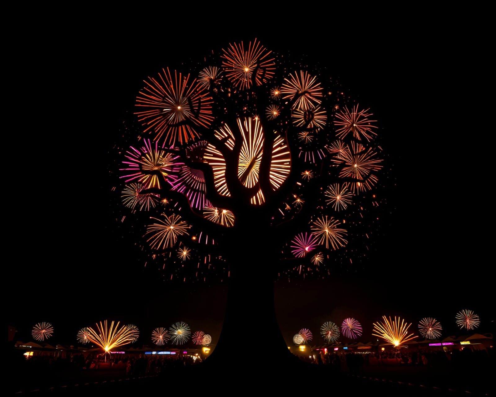 Majestic panda surrounded by glowing fireworks, cast in haunting shadows