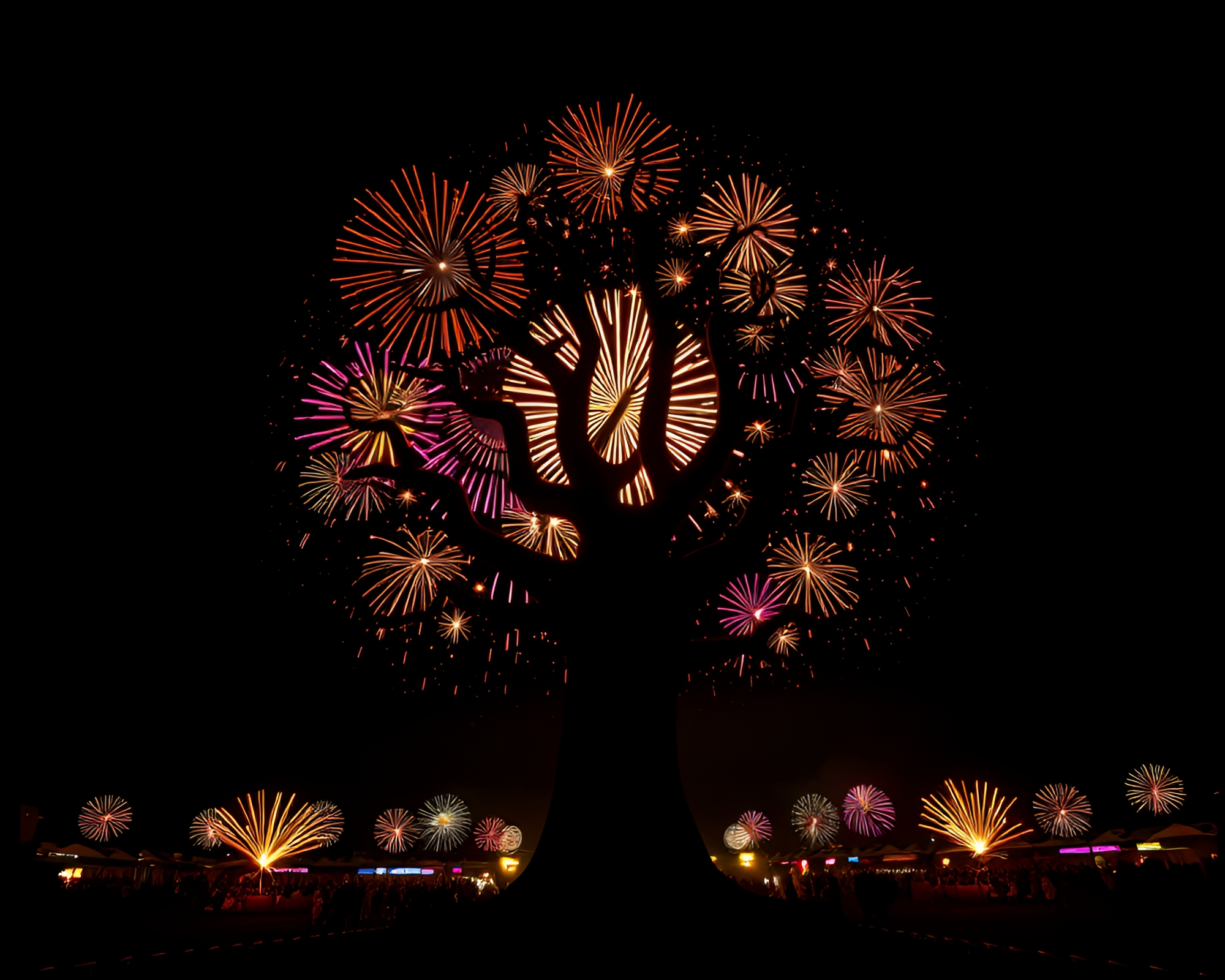 Panda amidst festive fireworks and tree ring shadows – free AI stock image