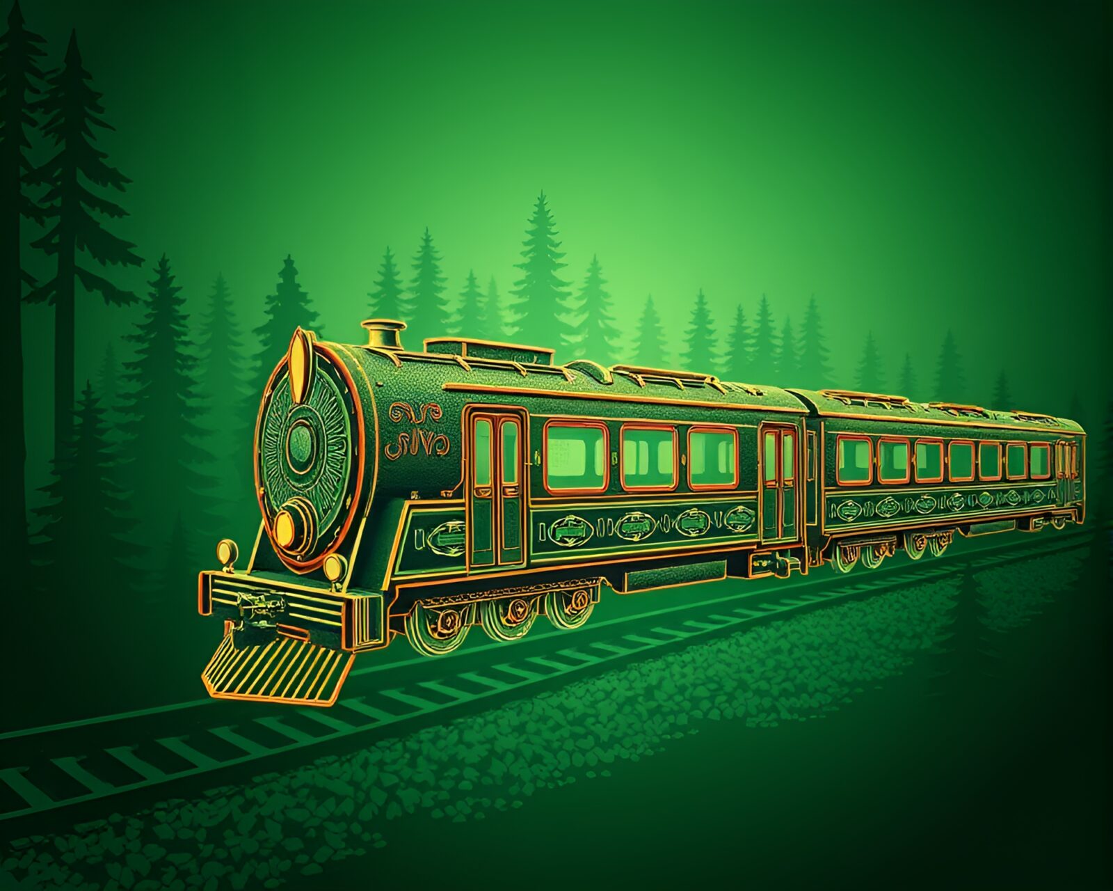 Detailed illustration of a levitating train in a green forest