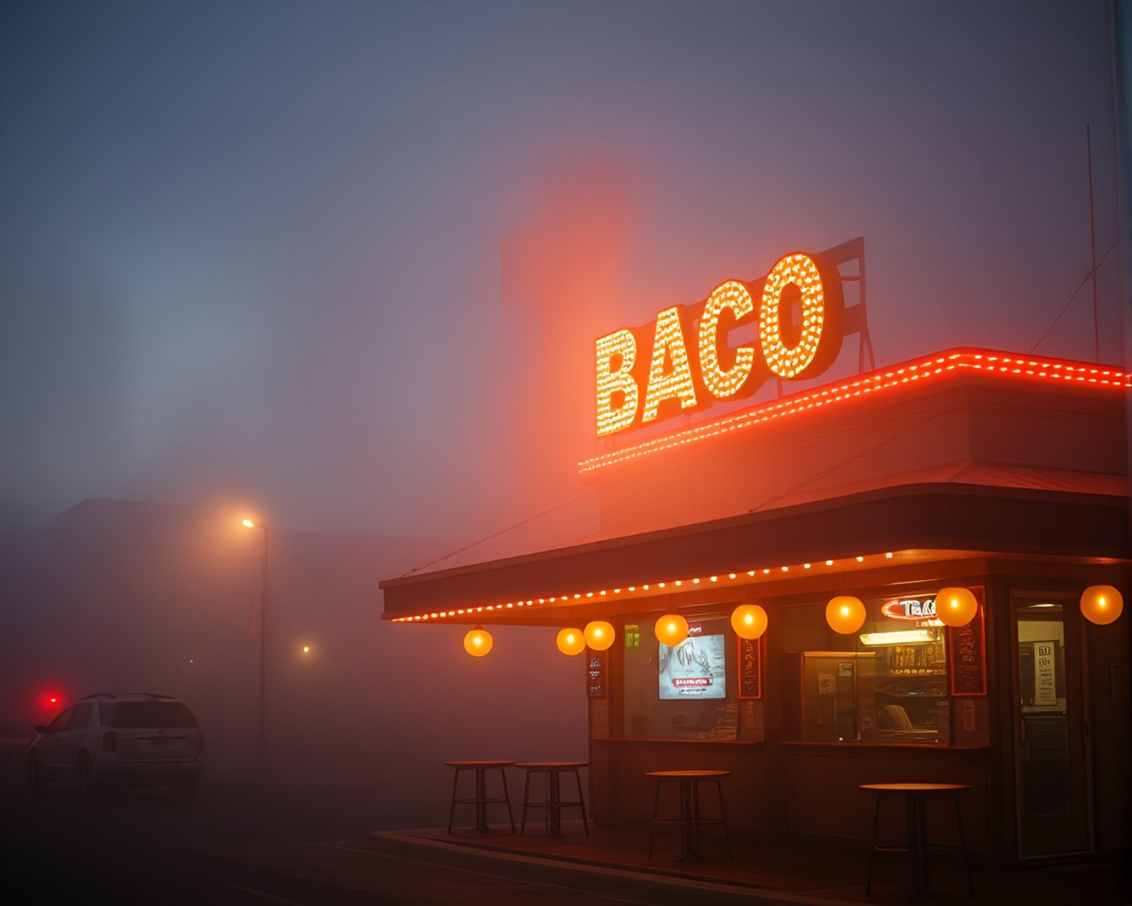 Cinemagraph of a mysterious taco stand glowing in fog