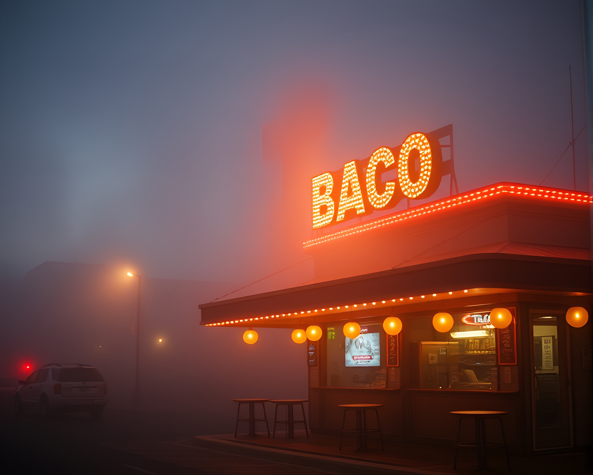 Foggy Taco Stand Illuminated by Opera House Radiance – free AI stock image