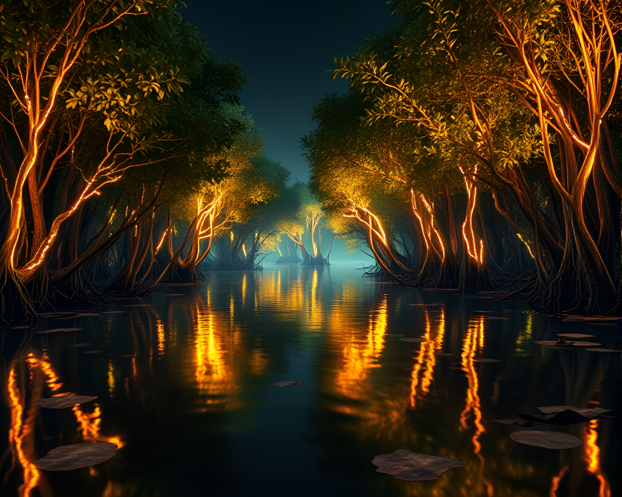 Neon Mangrove Swamp with Gold Foil Highlights – free AI stock image