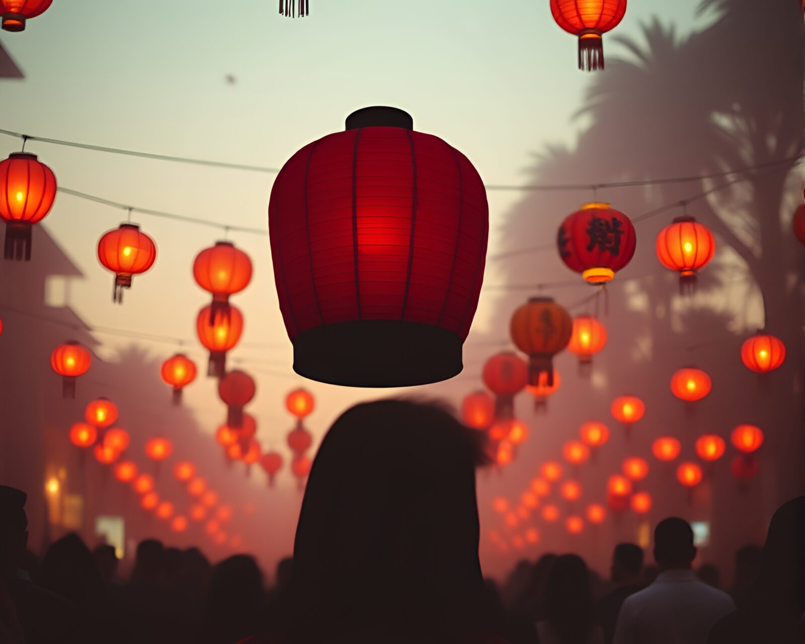 Neon sign style scene with floating lanterns and crowd silhouettes