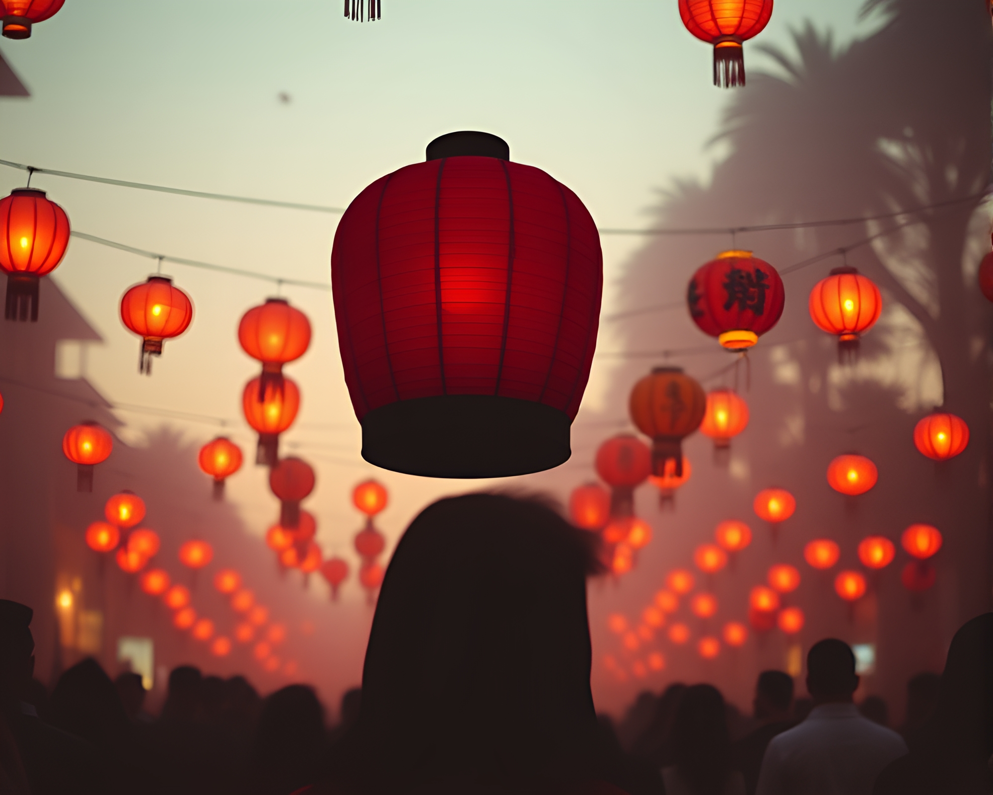 Glowing Lanterns Illuminate Silhouetted Crowd in Neon City – free AI stock image