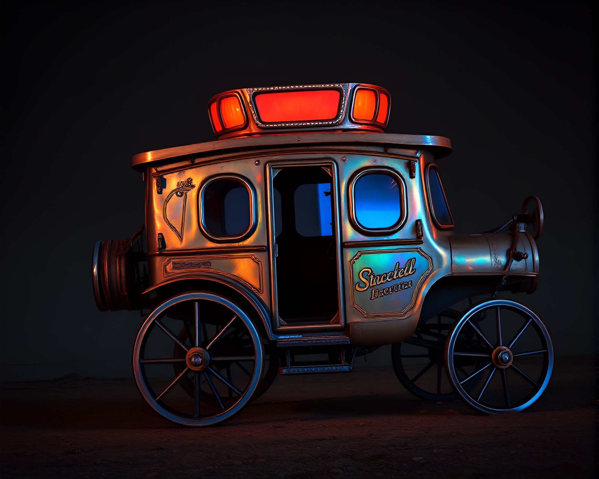 Bronze Patina Stagecoach Glowing in Aurora Hues – free AI stock image