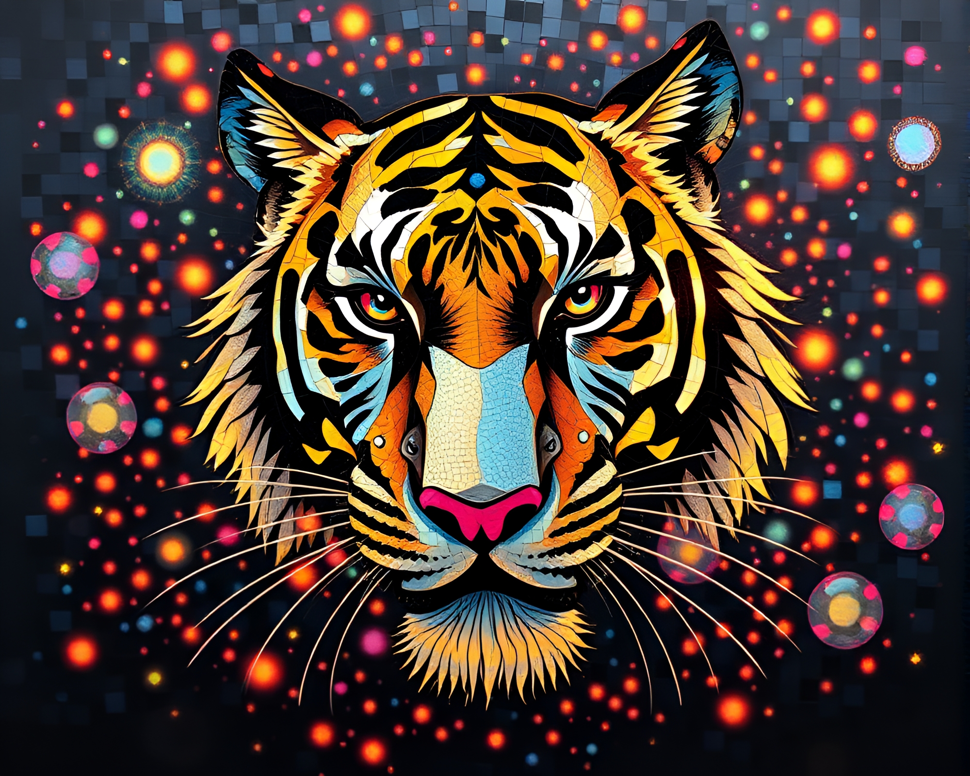 Fragmented Tiger Mosaic Under Disco Ball Lights – free AI stock image