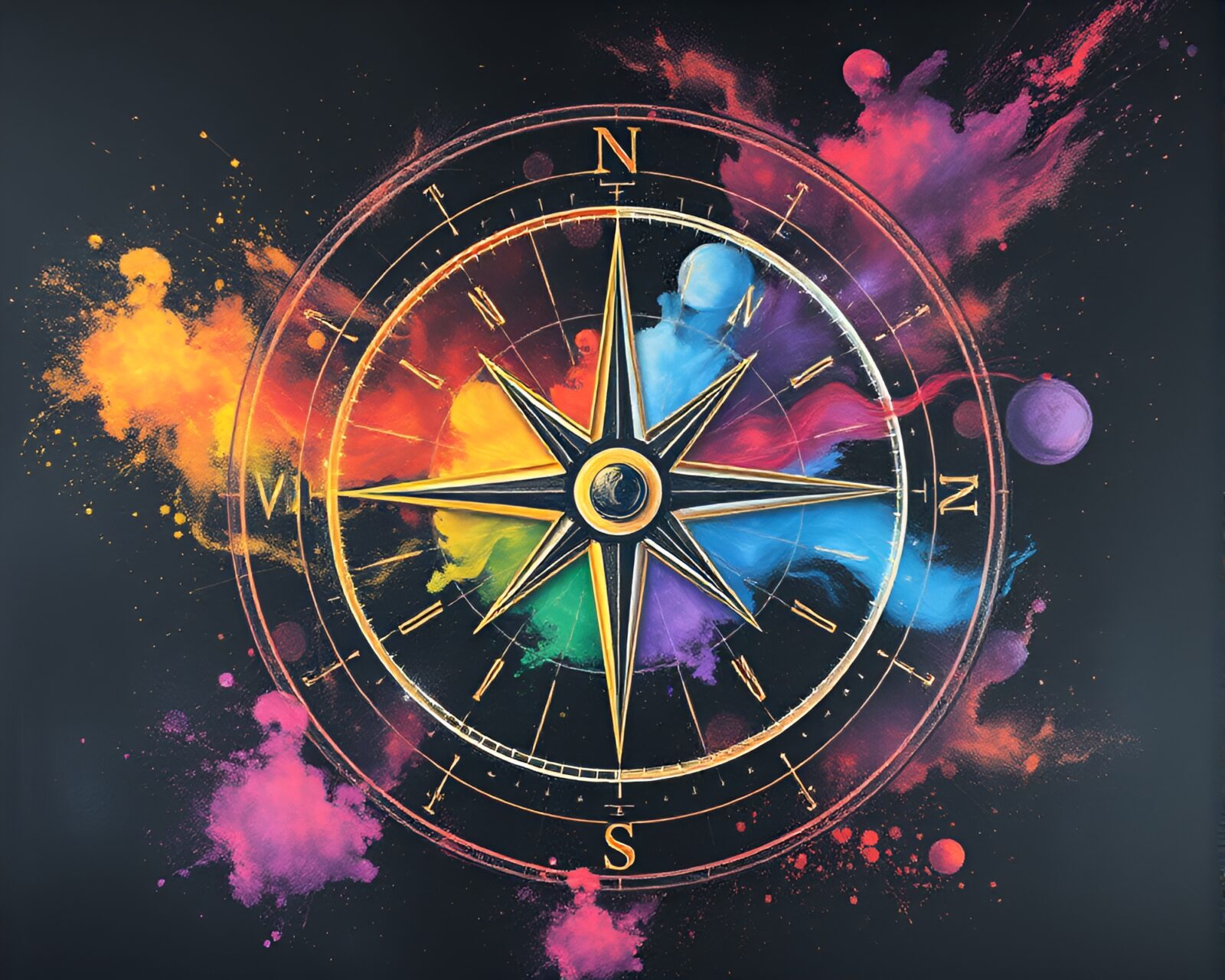 Gorgeous chalk illustration of ancient compass amidst cosmic dust