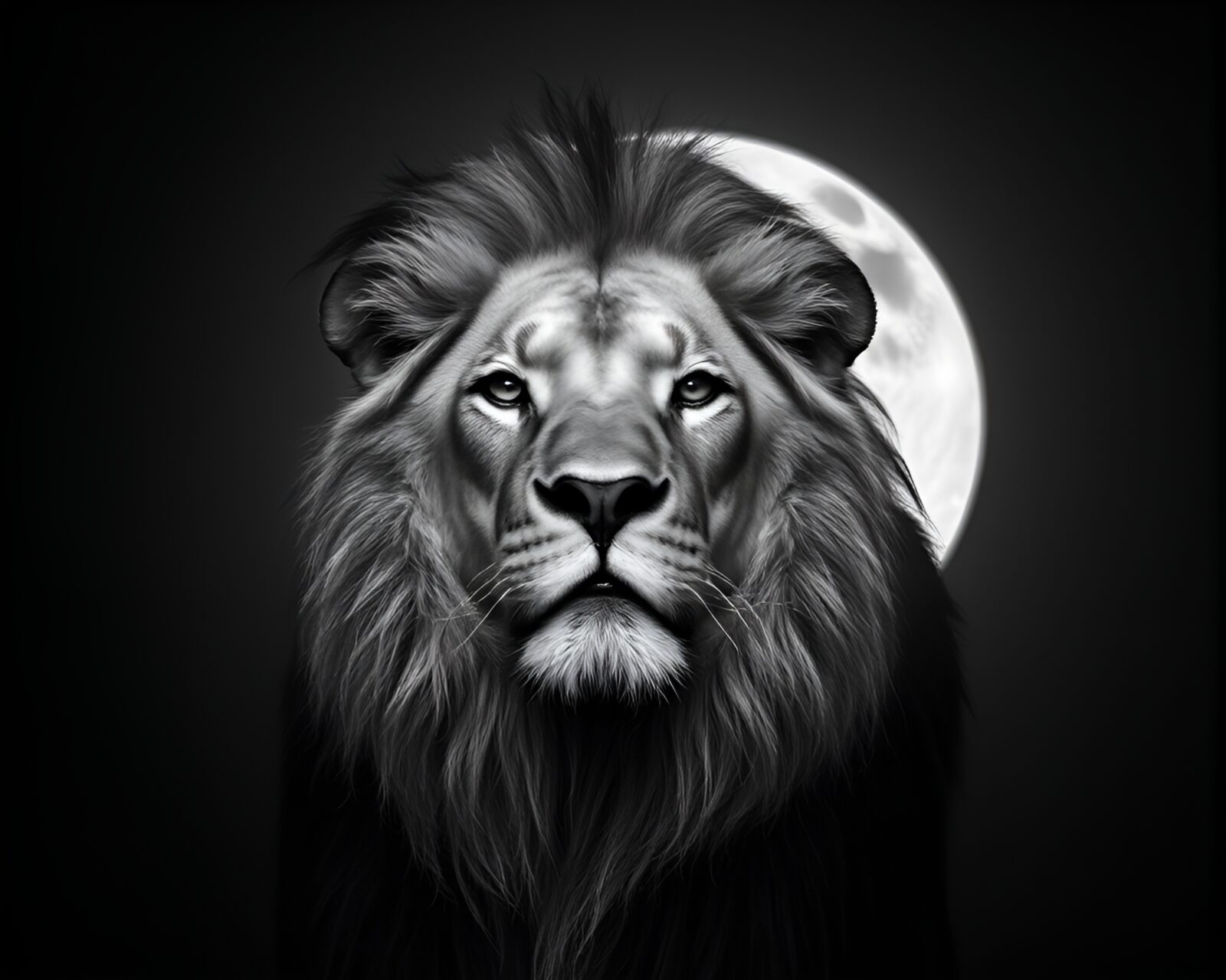Off-center lion in noir lighting against a lunar backdrop