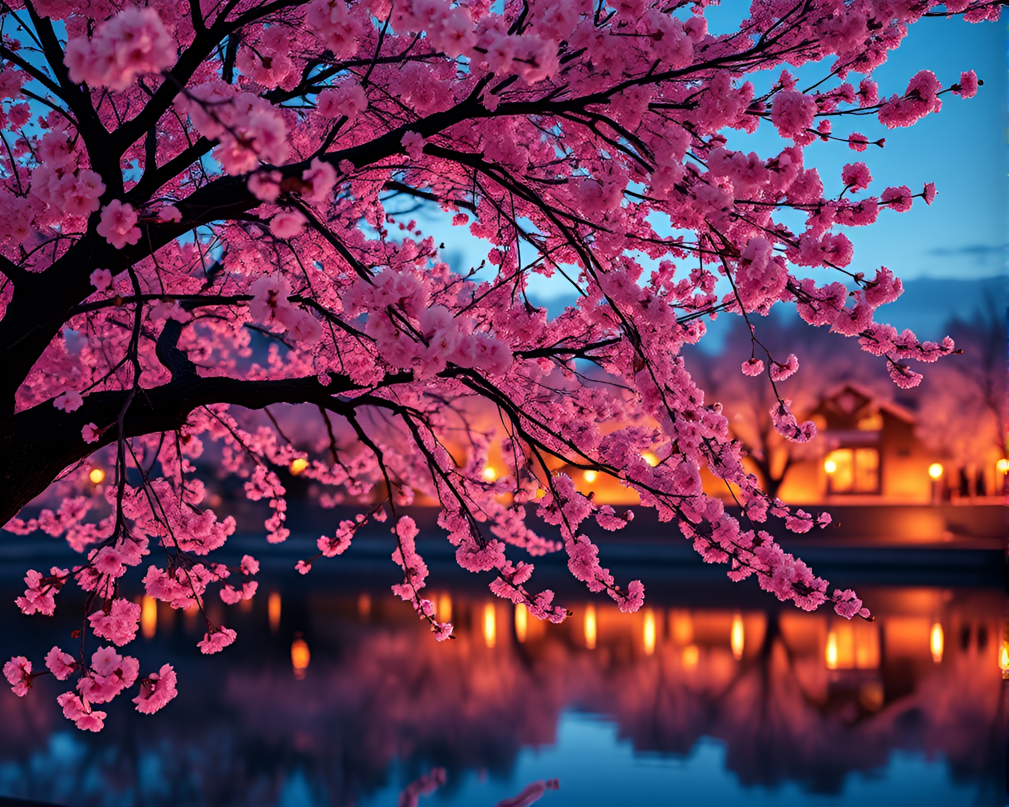 Cherry Blossom Blueprint Illuminated Reflection – free AI stock image