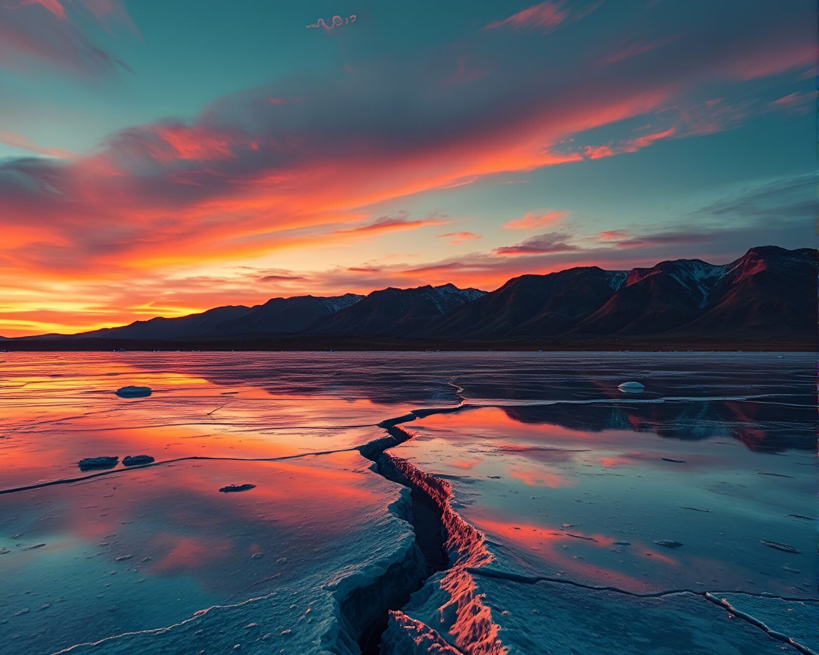 Surreal desert sunset through ice cracks with glitch effects