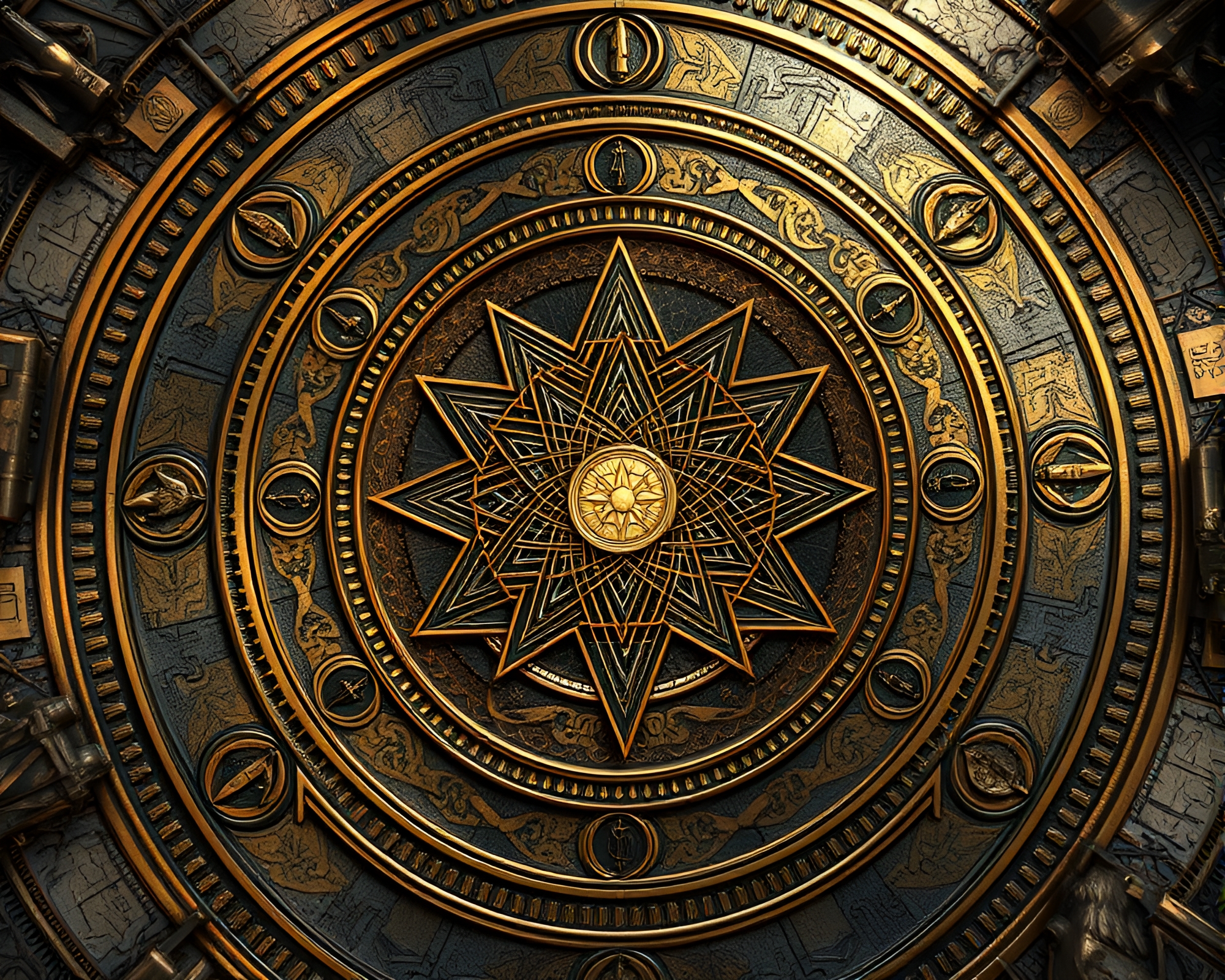 Sacred Geometry Fantasy Illustration with Bronze Sheen – free AI stock image