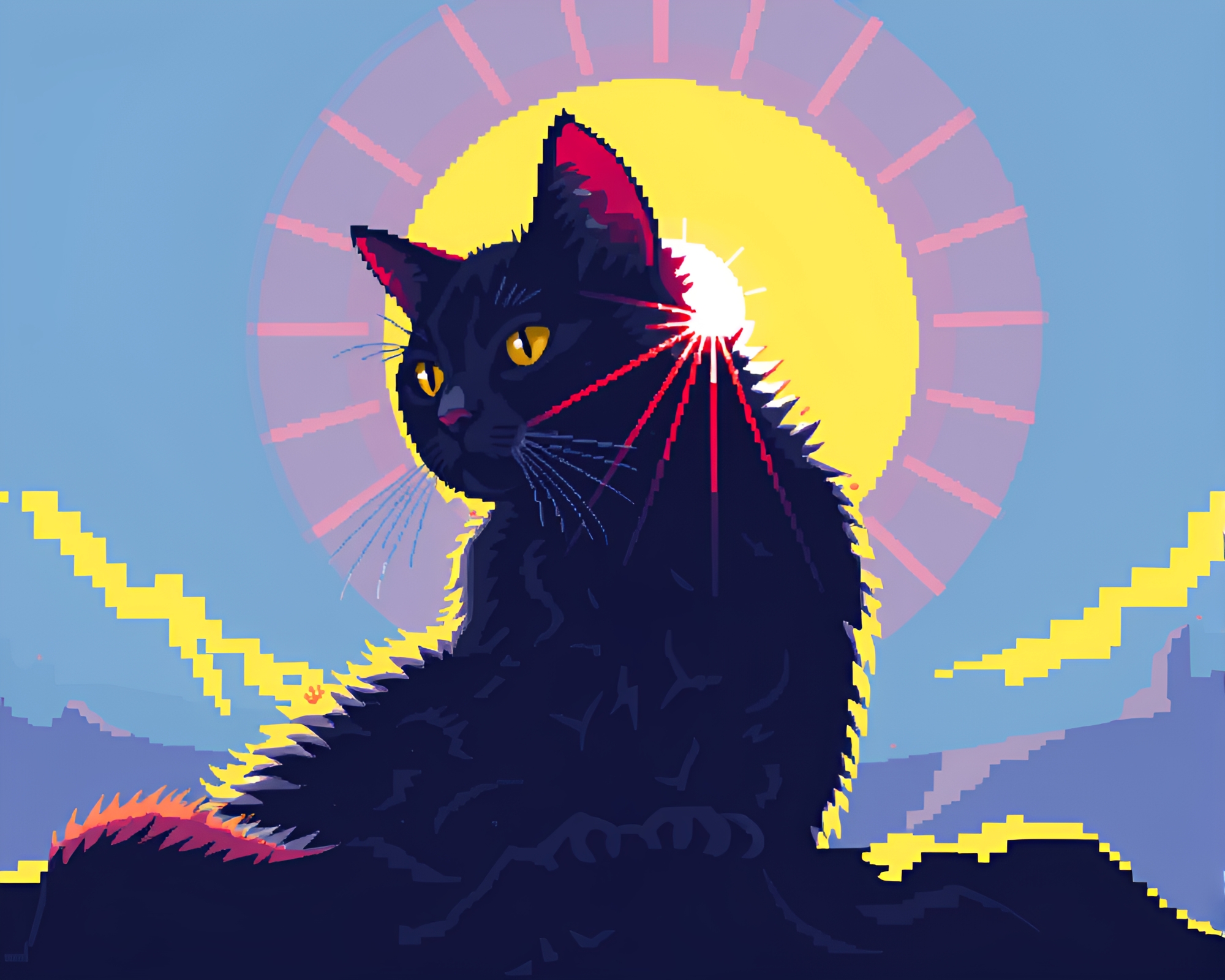 Enigmatic Retro Pixel Art: Schrodinger’s Cat Basks in Sun Glare – free AI stock image