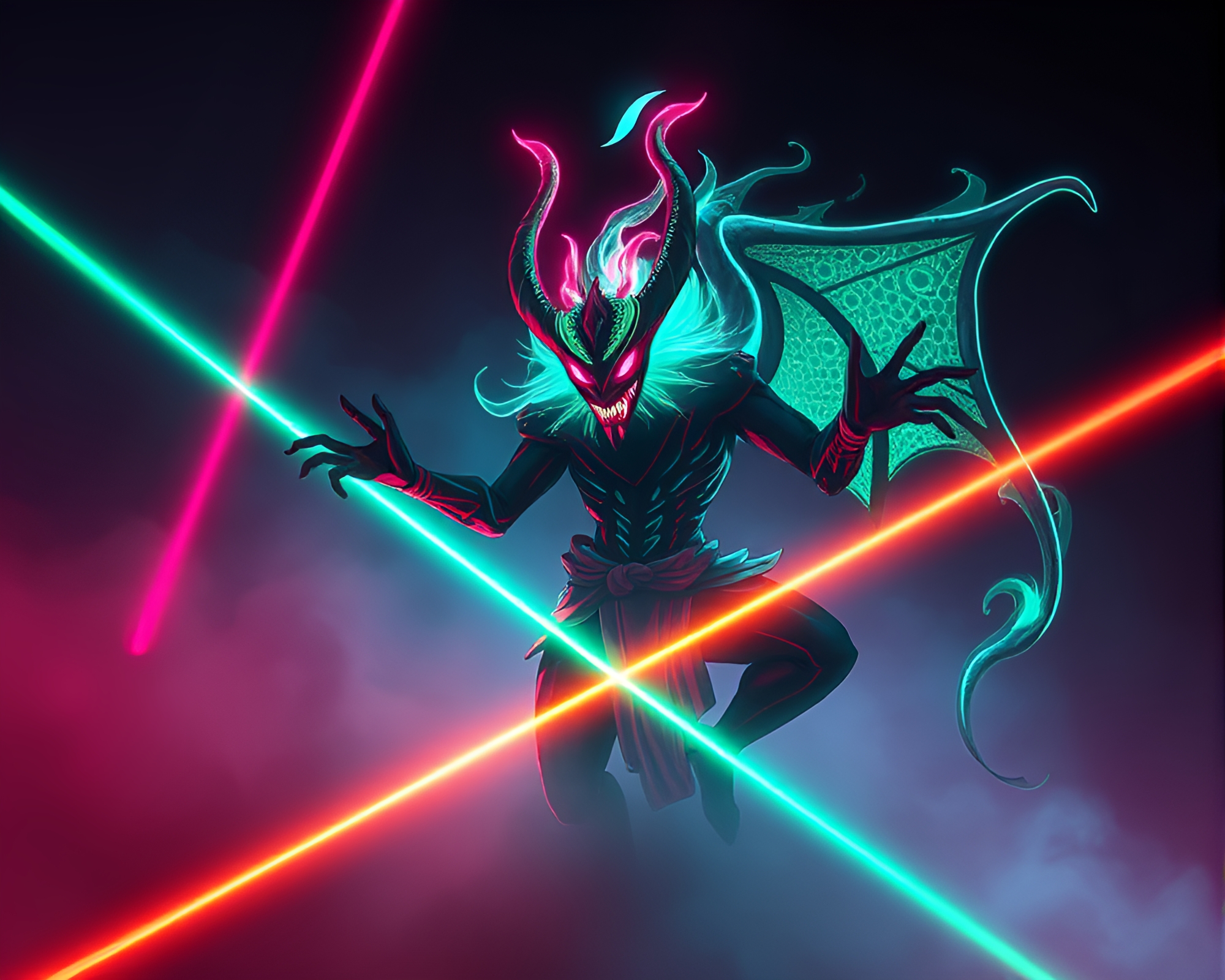 Neon Djinn Casting Laser Beam Magic Under Dystopian Sky – free AI stock image