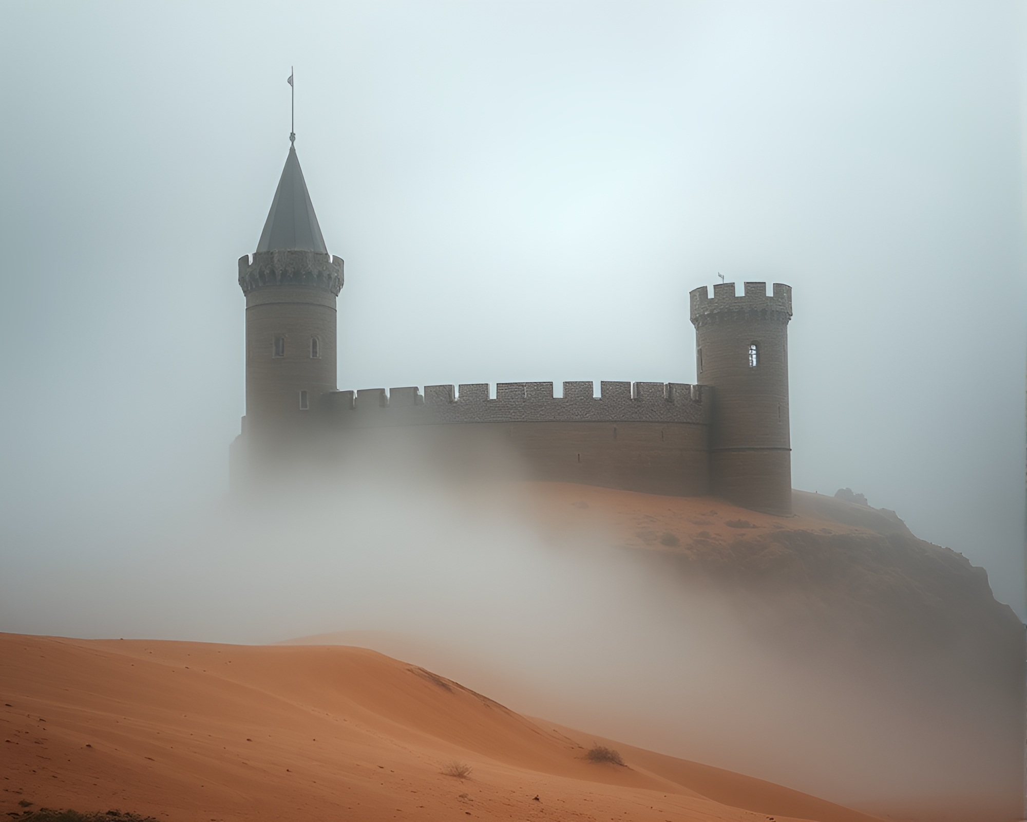 Eerie Mist Around Abandoned Castle Ruins – free AI stock image