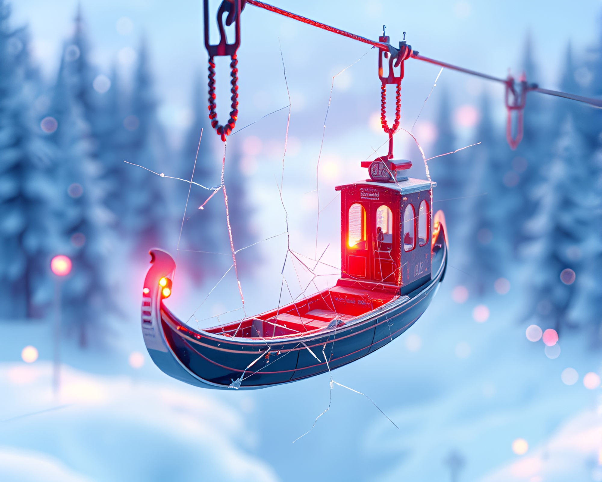 Voxel Art Gondola Lift Reflection in Broken Glass – free AI stock image