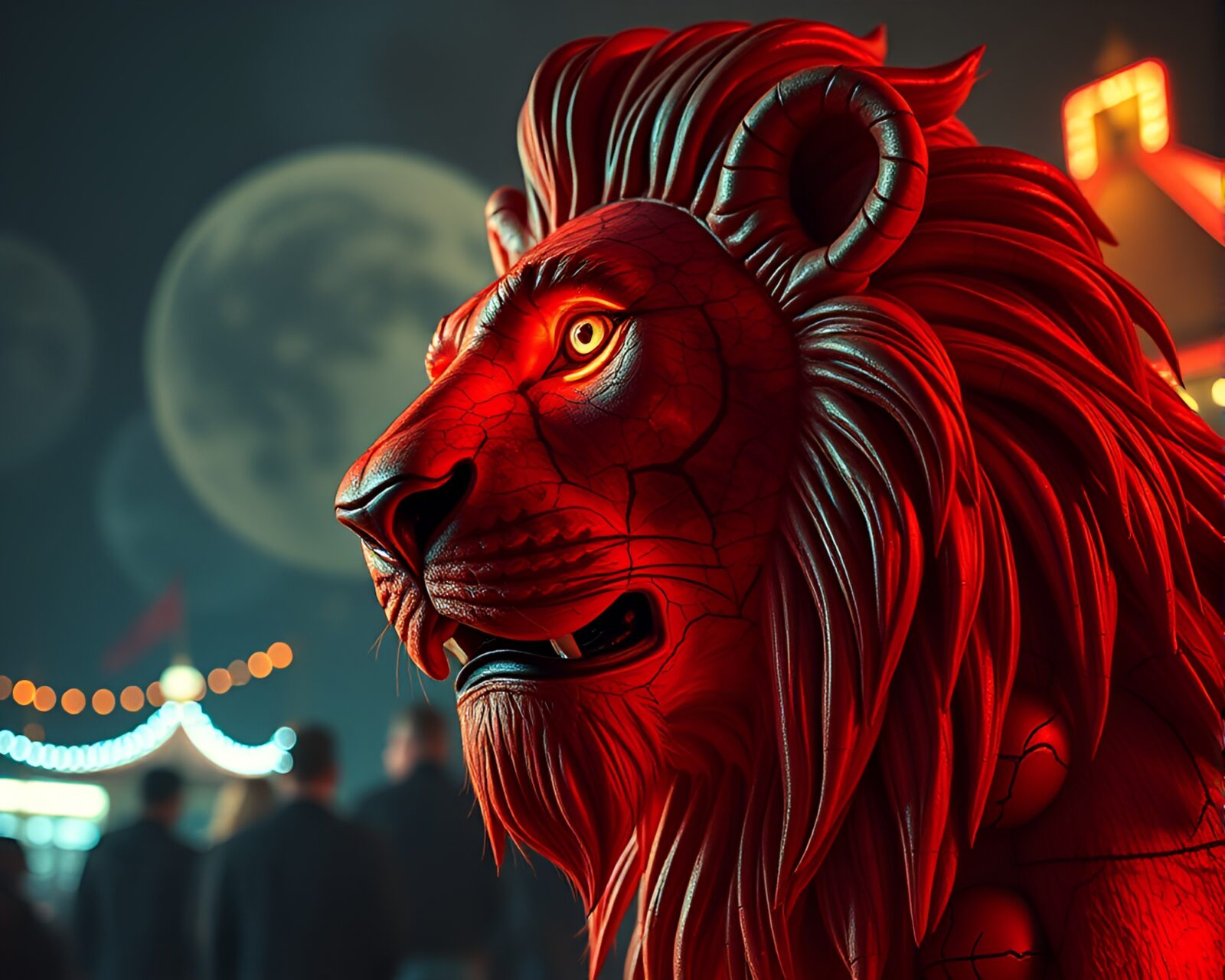 Fantastical lion against colorful carnival lights on cracked earth