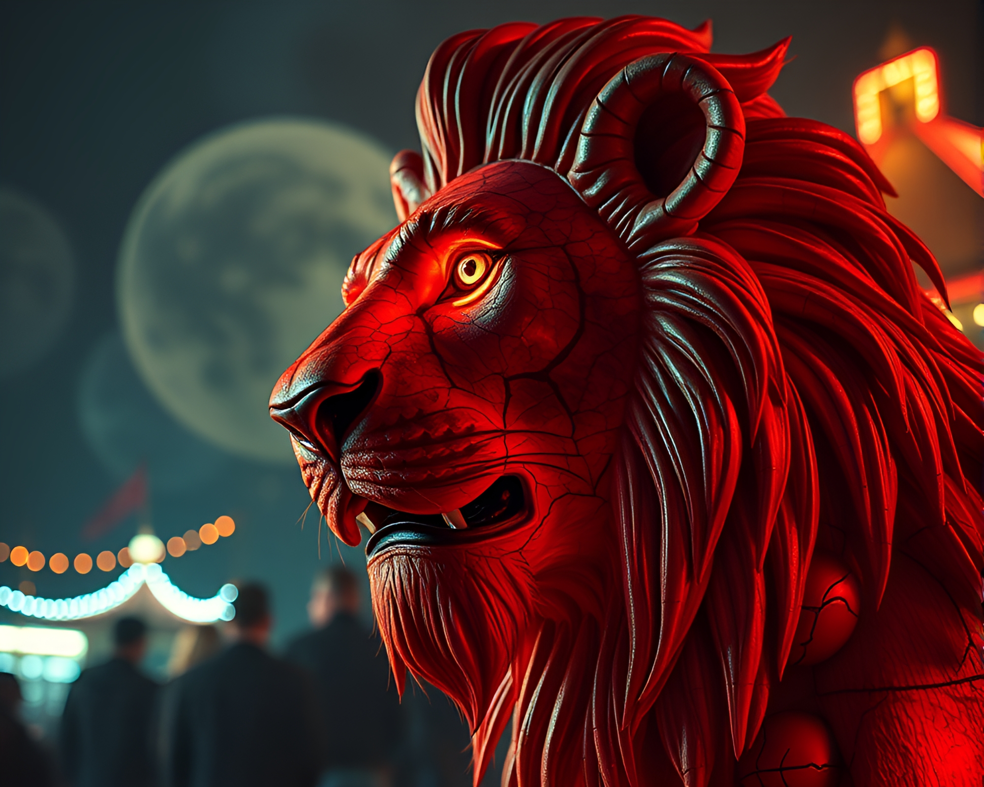 Cracked Earth Lion Under Carnival Lights in Duochrome – free AI stock image