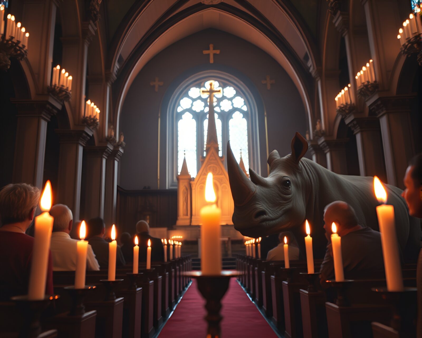 Low-angle shot of a majestic rhinoceros in church-like ambiance