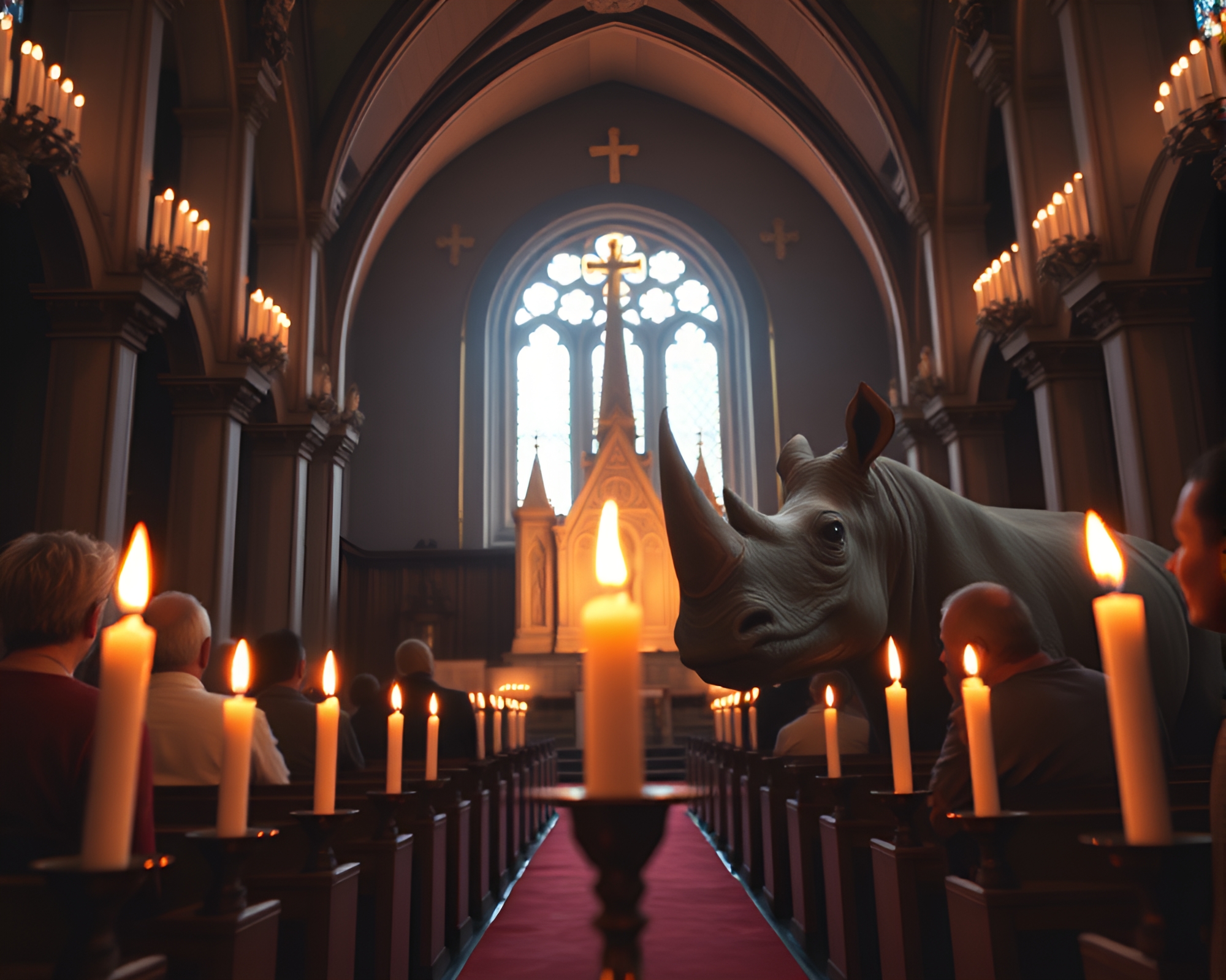 Rhinoceros in Sacred Candlelight: Fluid Simulation Fantasy – free AI stock image