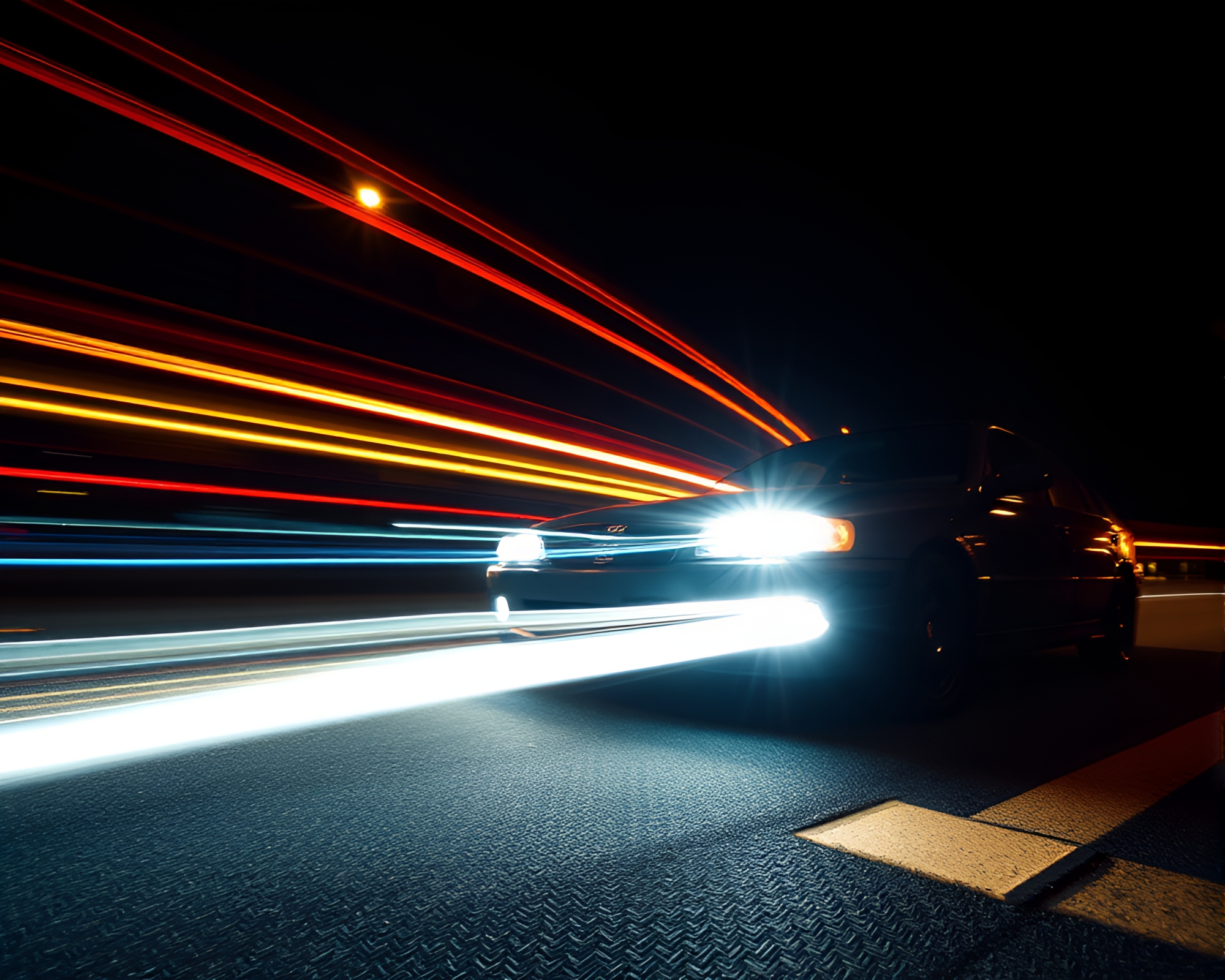 Samurai Warrior Surrounded by Glowing Car Light Trails – free AI stock image