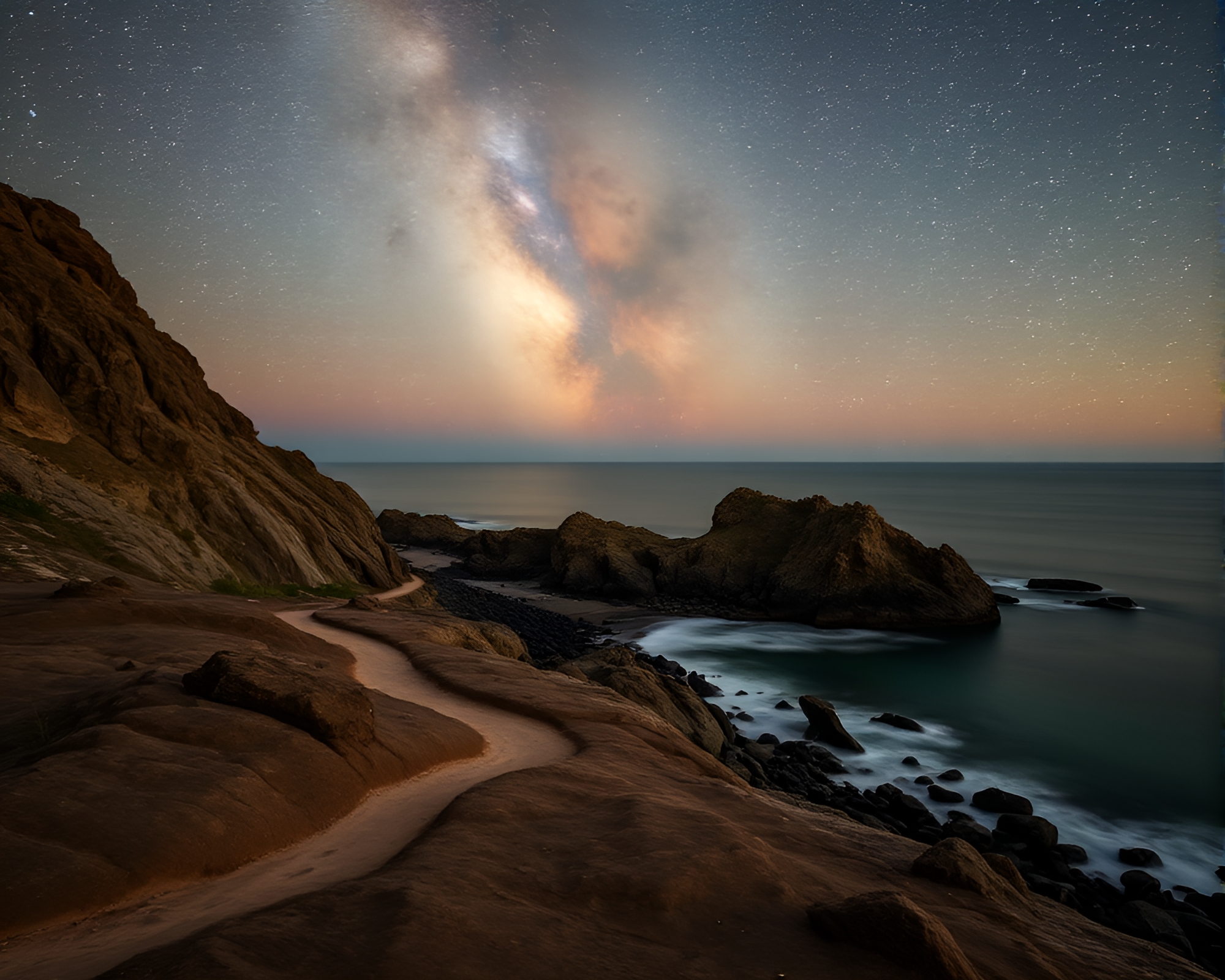 Mesmerizing Star Trails over Rocky Coastline Divisionism – free AI stock image