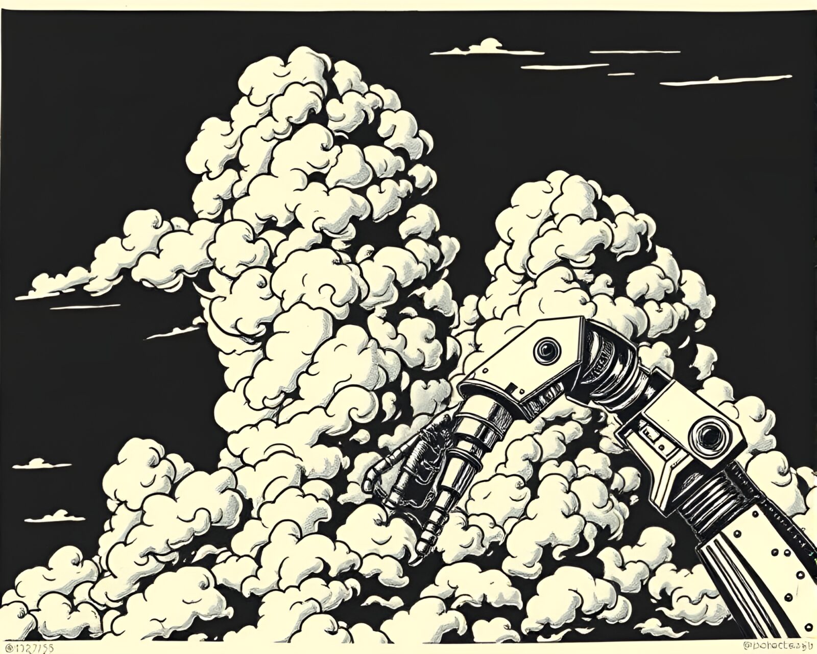 Woodcut print of a robotic arm stretching to touch the sky