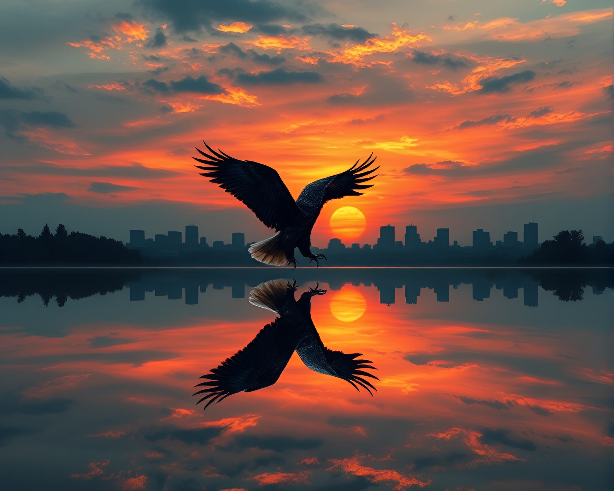 Double Reflection of an Eagle at Sunset – free AI stock image