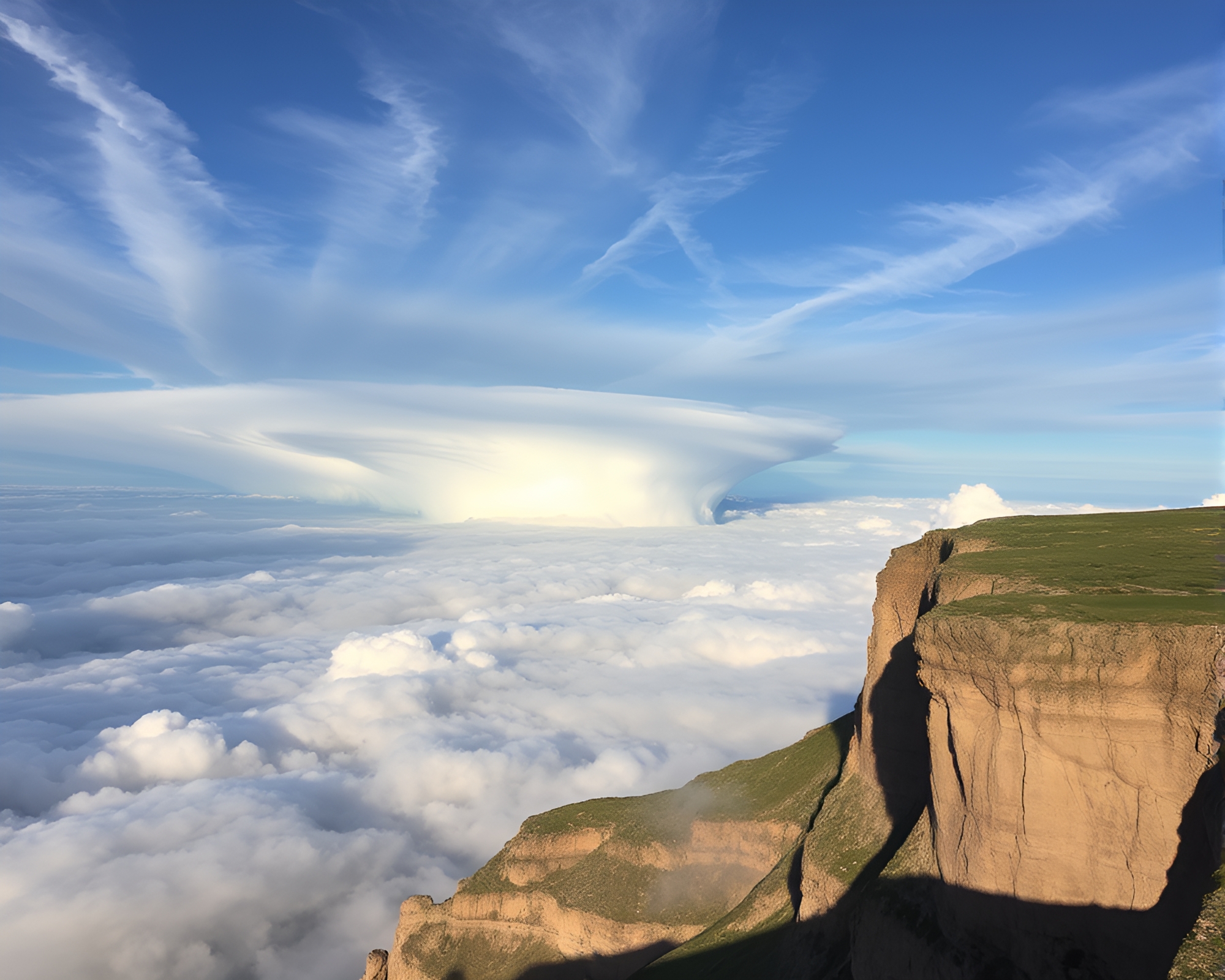 Satin Ribbon Cloud Formation on Cliffside with Light Painting – free AI stock image