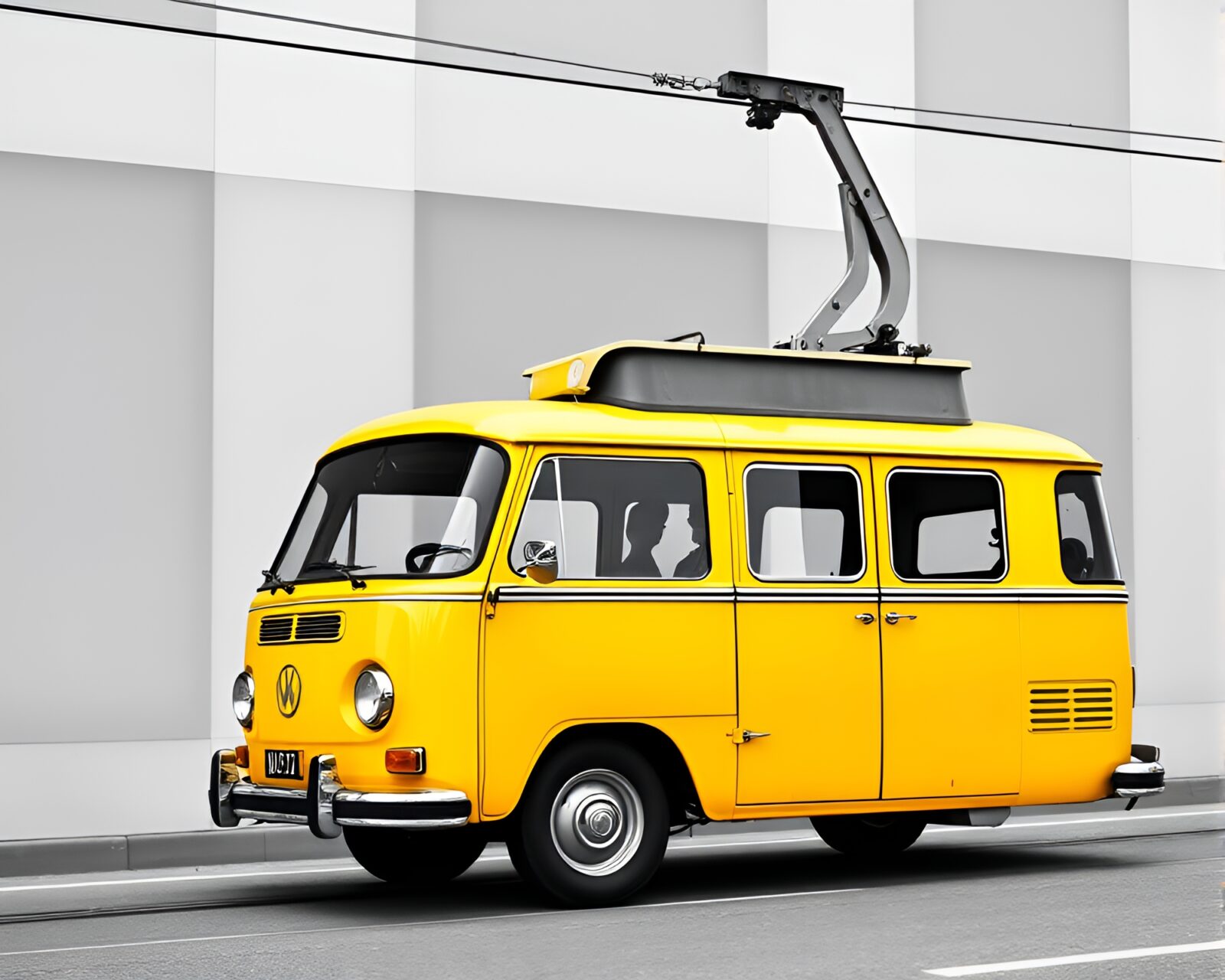 Minimalist mustard yellow cable car against monochrome backdrop