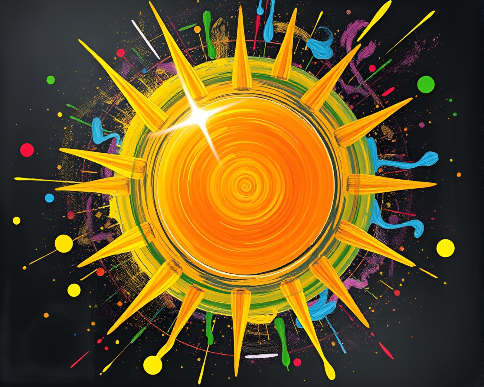 Vibrant sun glares intertwined with psychedelic swirls on chalkboard