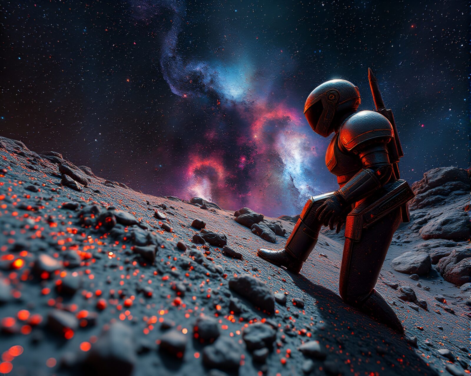 Detailed illustration of cosmic armor in worm's eye view