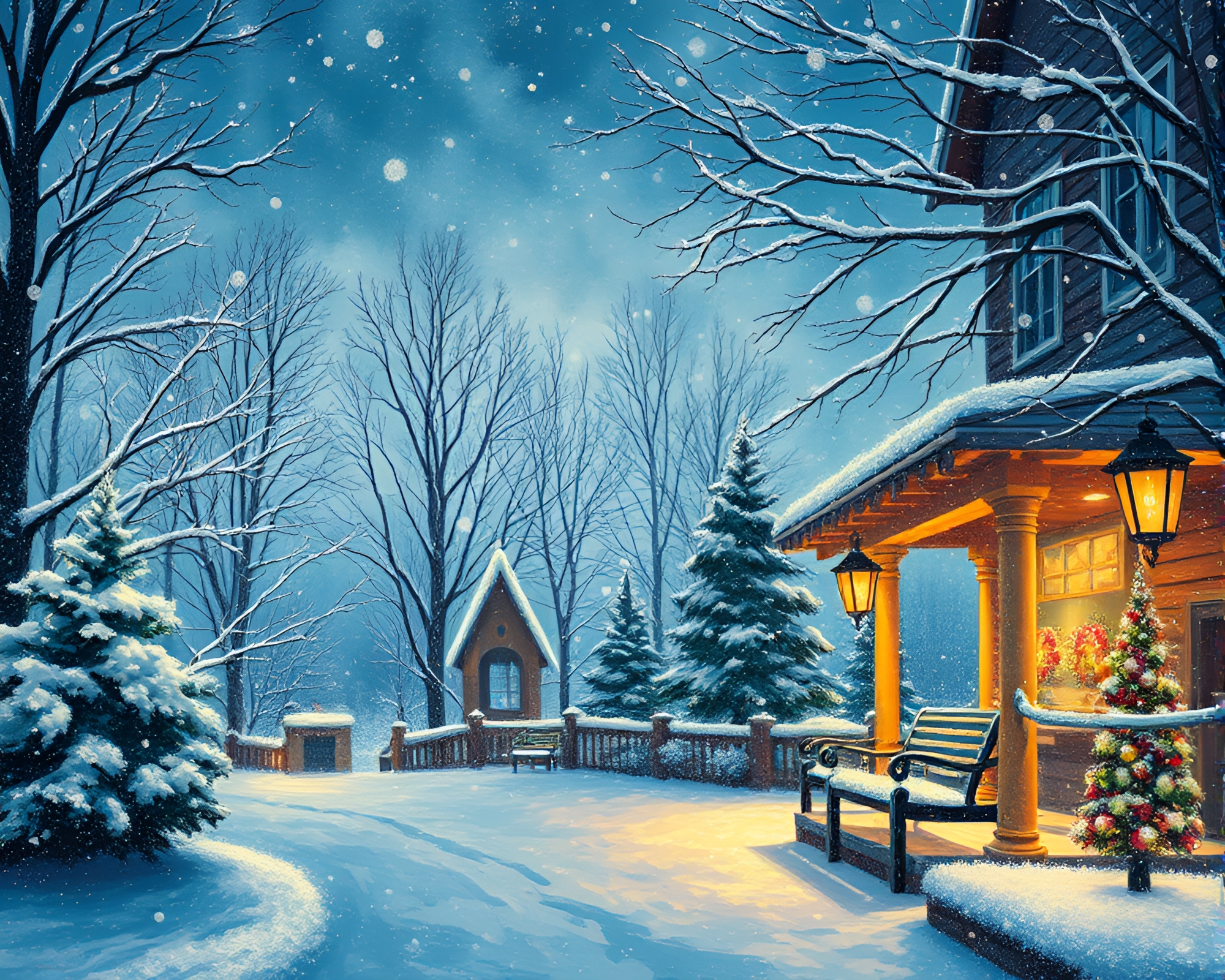 Winter Wonderland Porchlight Glow Acrylic Spatters Art – free AI stock image
