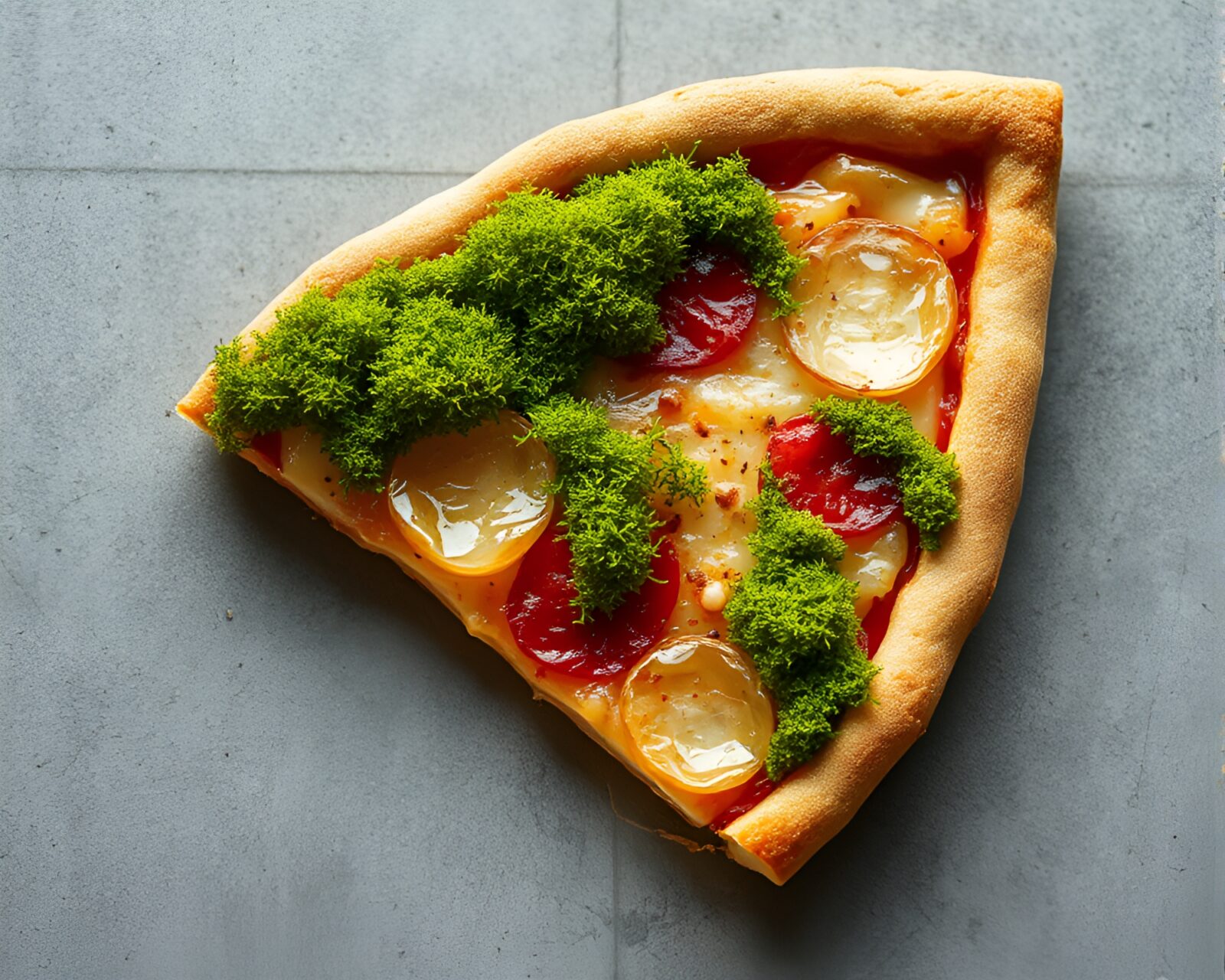 A serene pizza slice covered in vibrant green moss