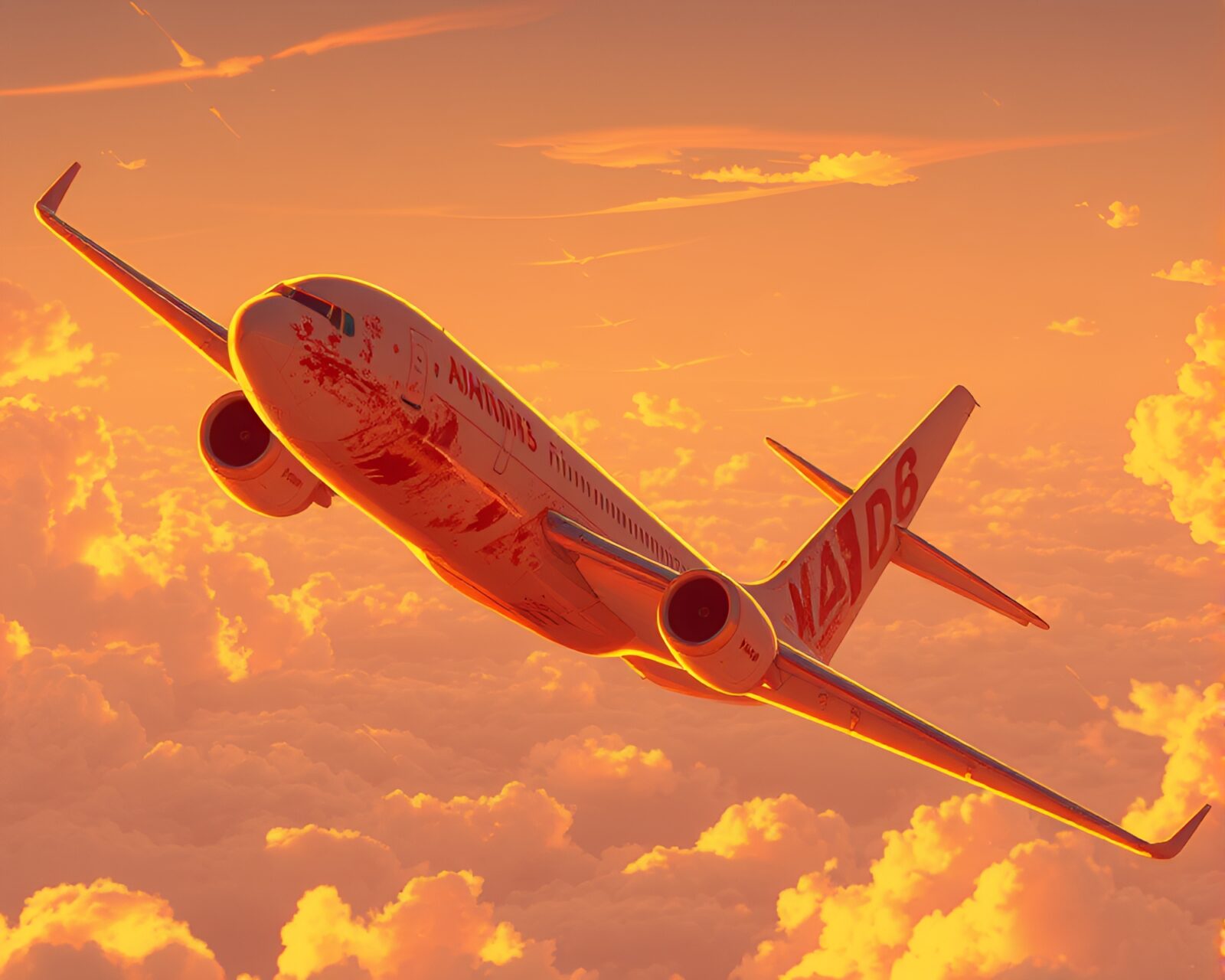 Anime-style airplane bathed in golden hour light surrounded by rust stains