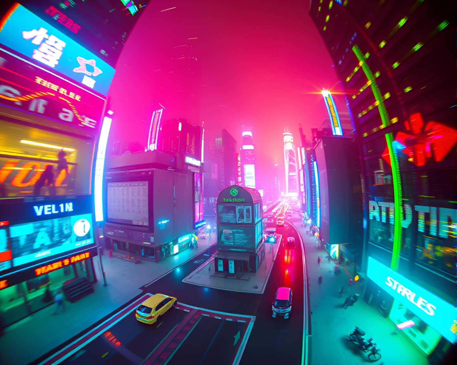 Fisheye view of neon-lit city with Morse code telegraph