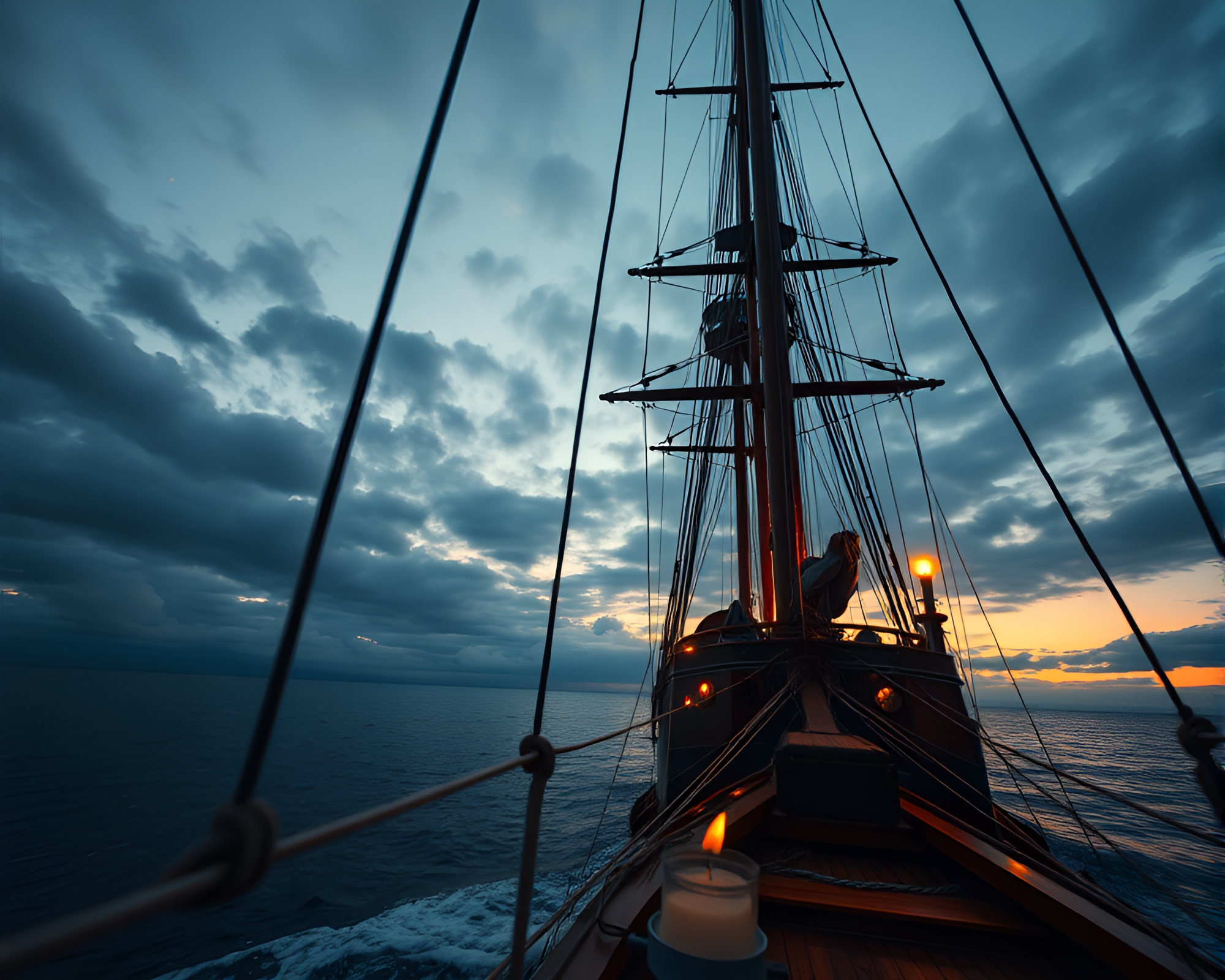 Golden Hour Candlelit Classic Sailing Ship – free AI stock image