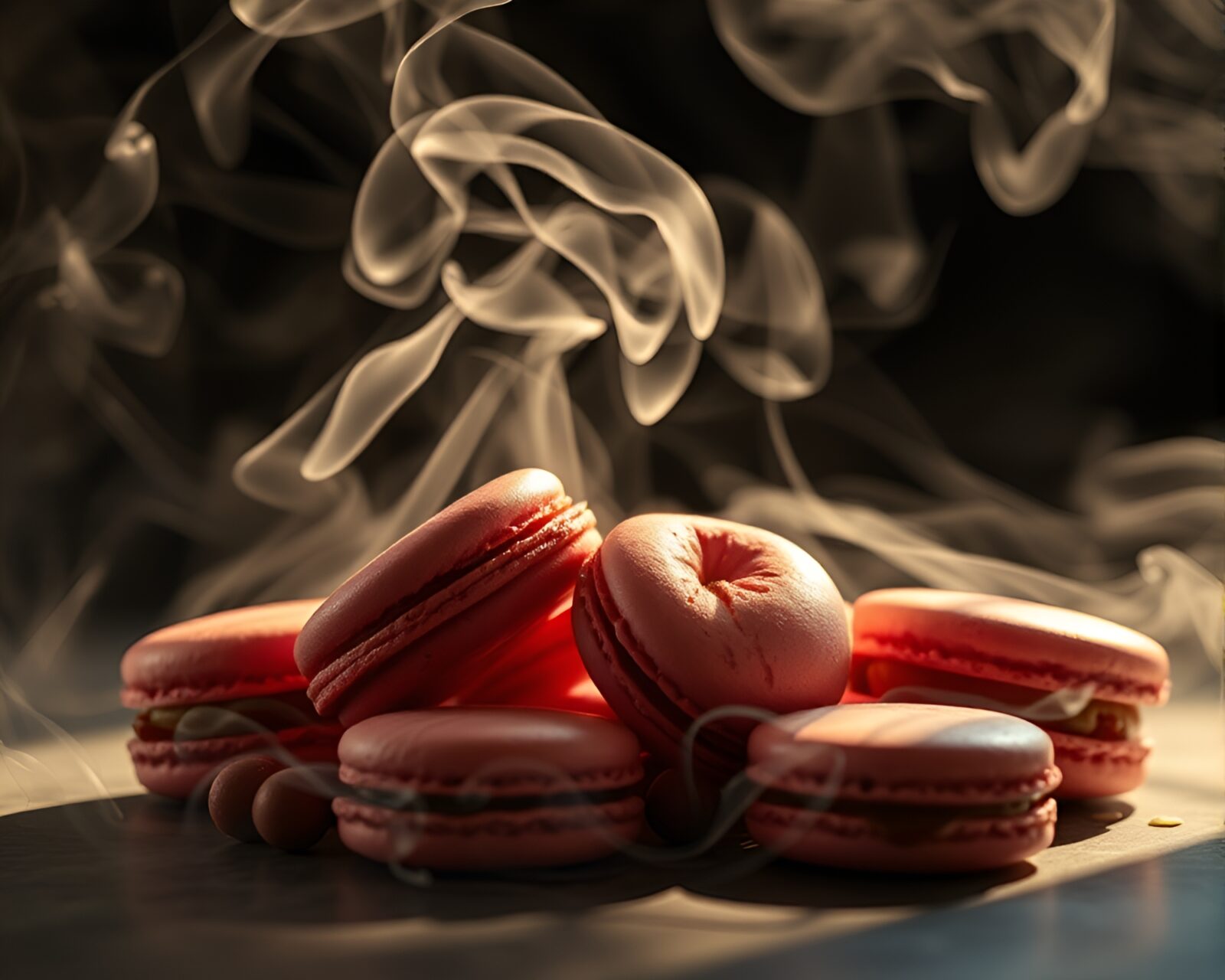 Colorful macarons twirling amidst dark smoke plumes
