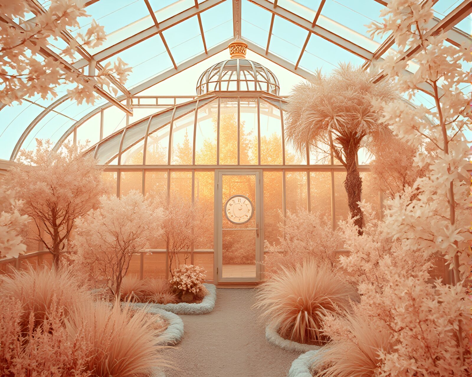 Soft pastel palette meets gold foil in an infrared greenhouse