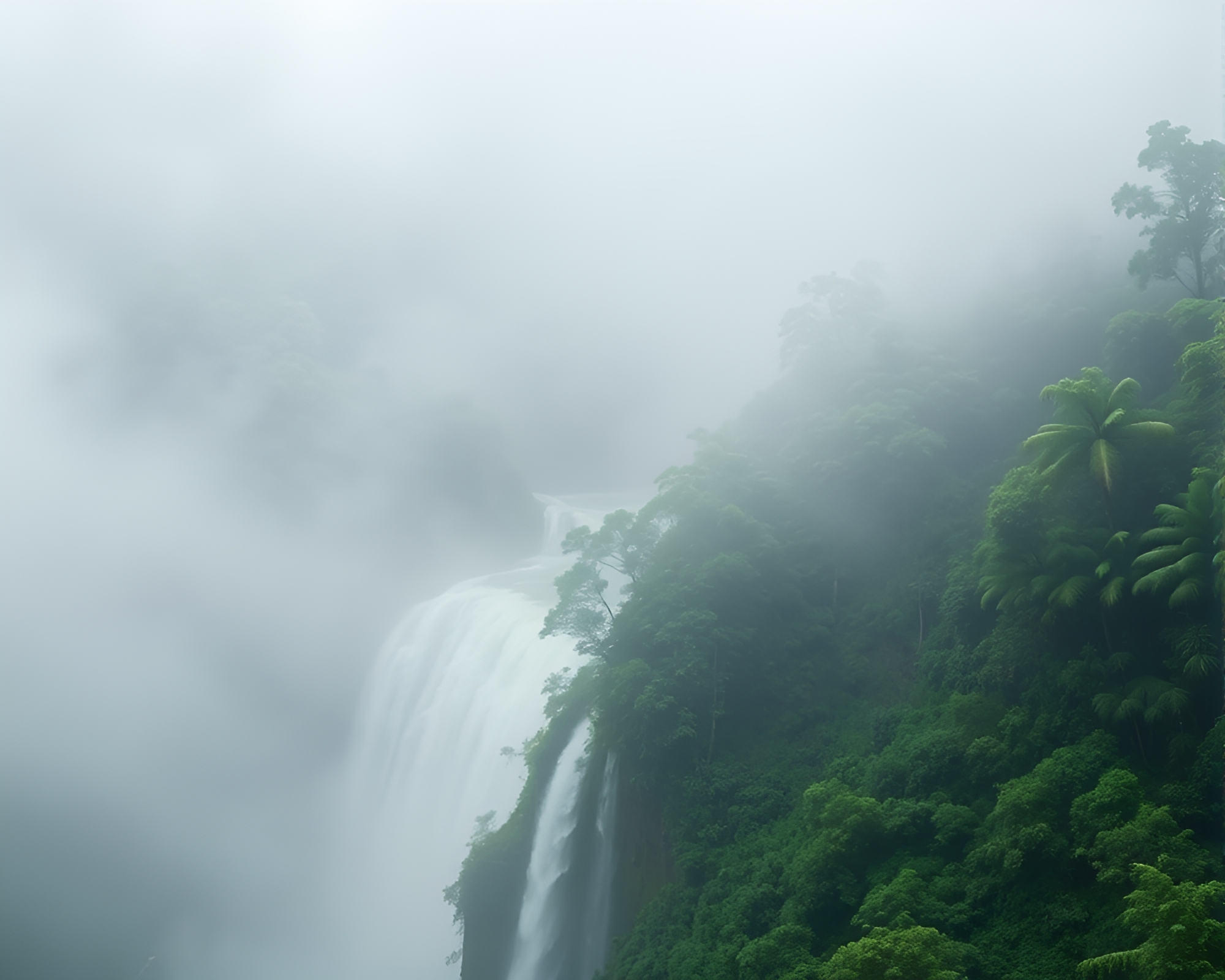 Enchanting Waterfall in Lush Rainforest Mist – free AI stock image