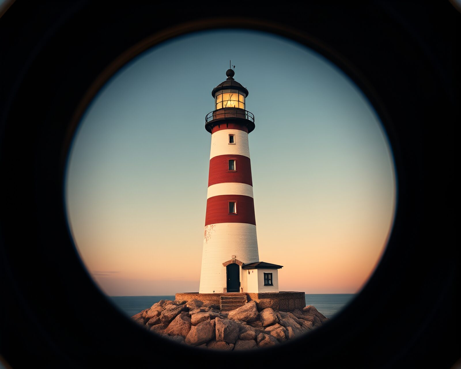 retro-futuristic cutout art of eerie deserted lighthouse