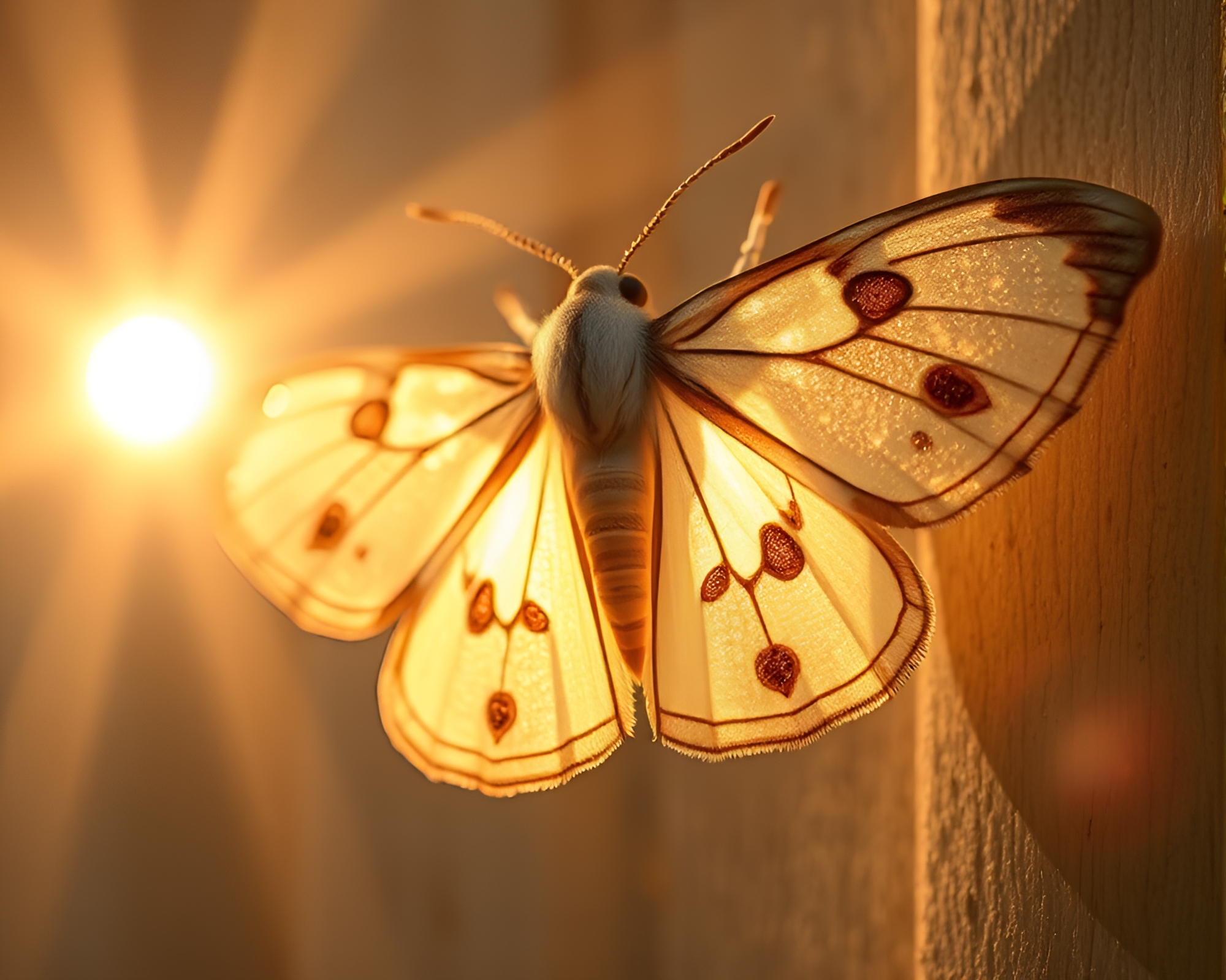 Moth fluttering in radiant lens flare – free AI stock image