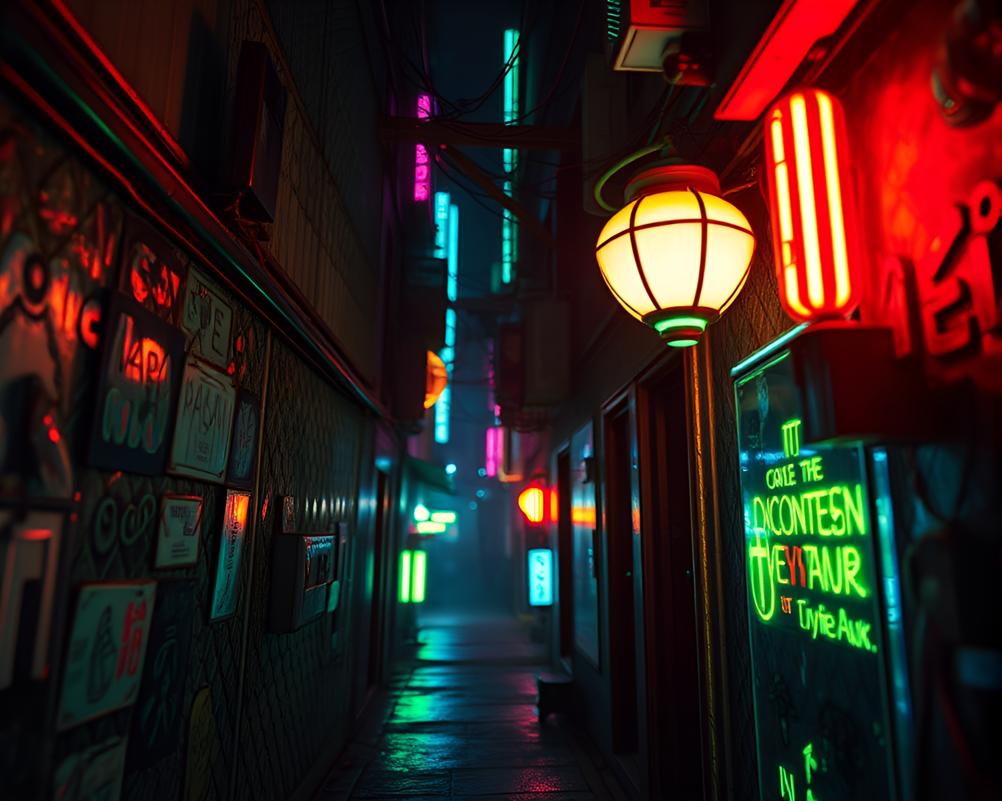 Cyberpunk Alley with Embroidered Bioluminescent Detail – free AI stock image