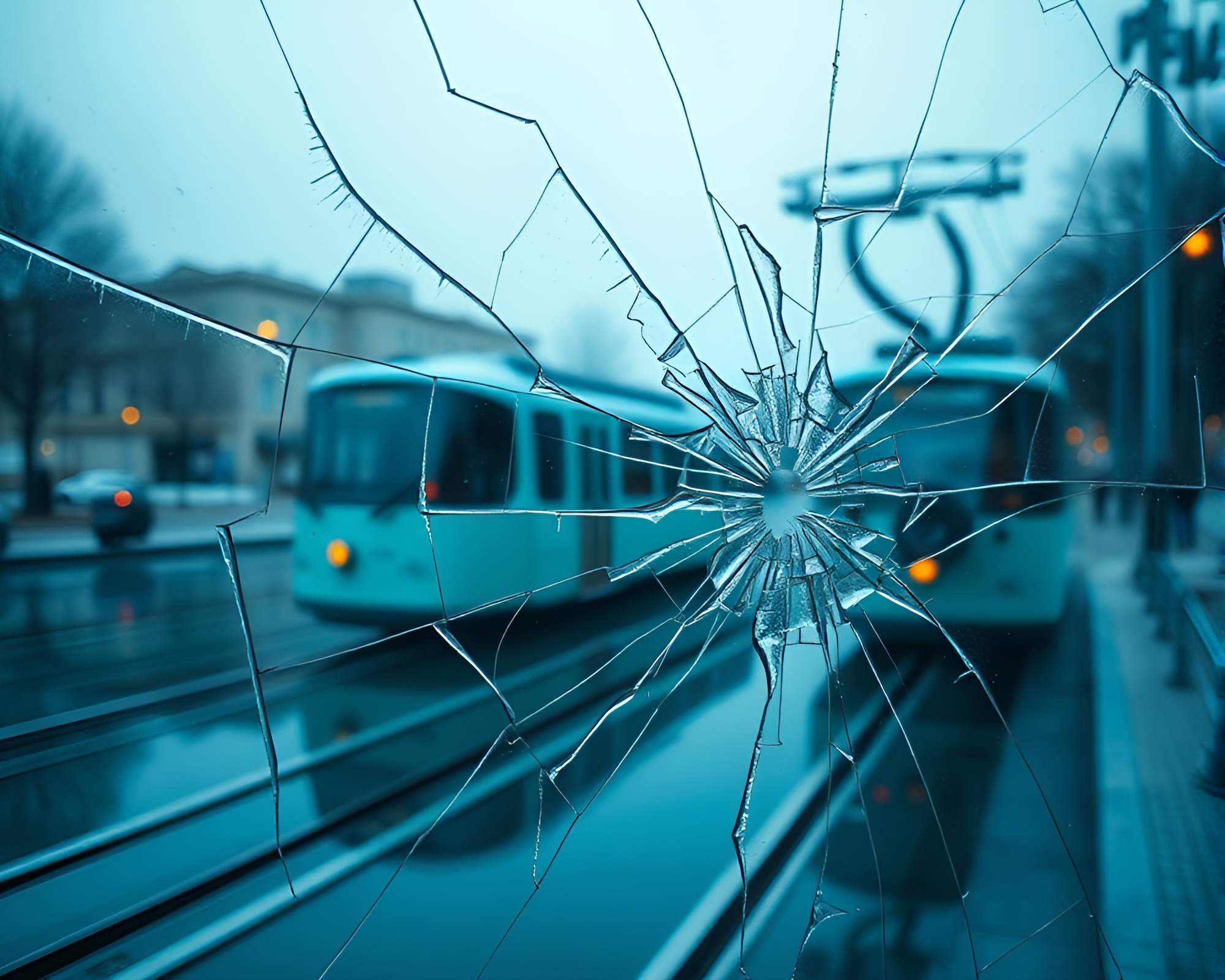 Cable Car Reflection in Turquoise Broken Glass – free AI stock image