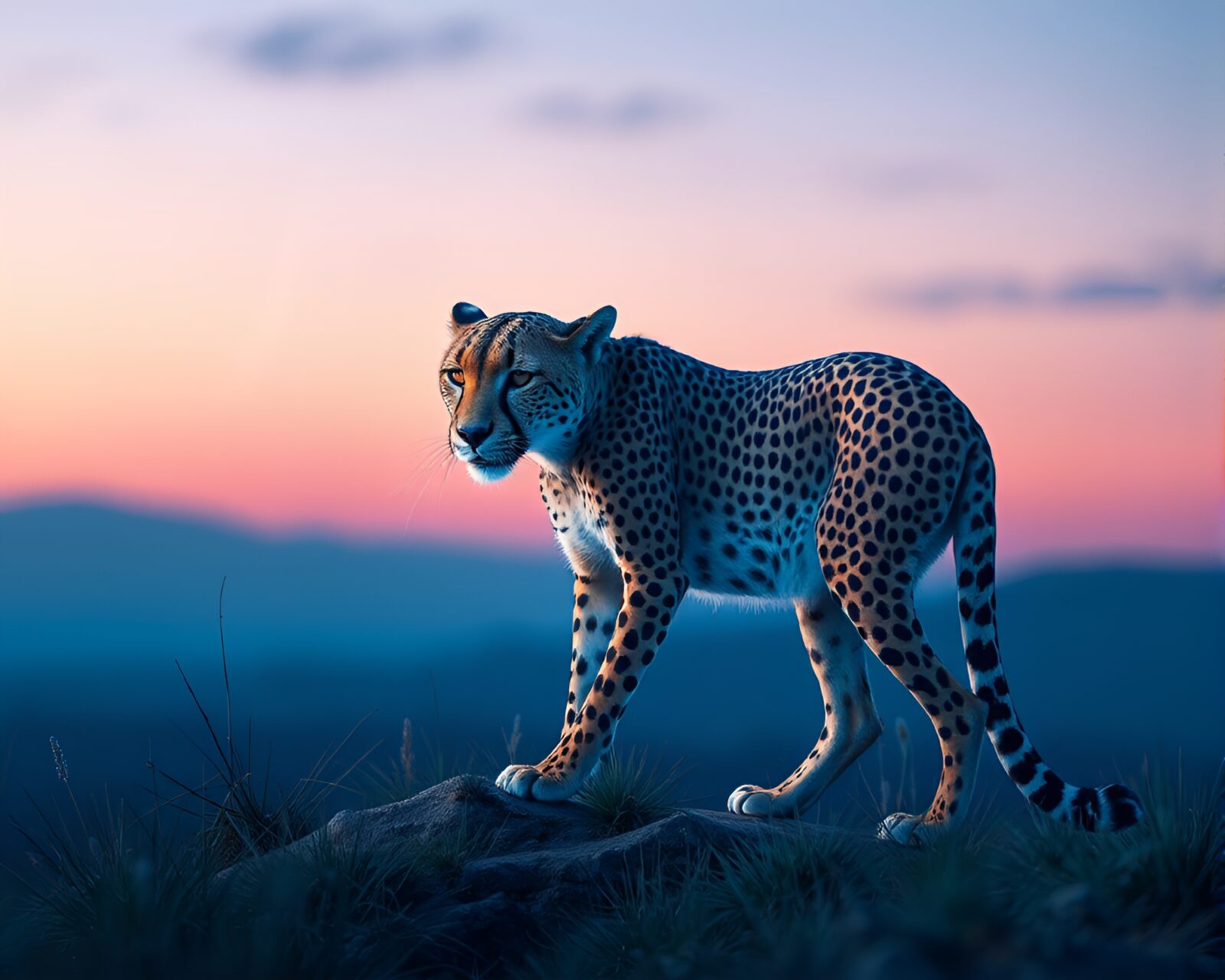 Isometric illustration of a cheetah at blue hour