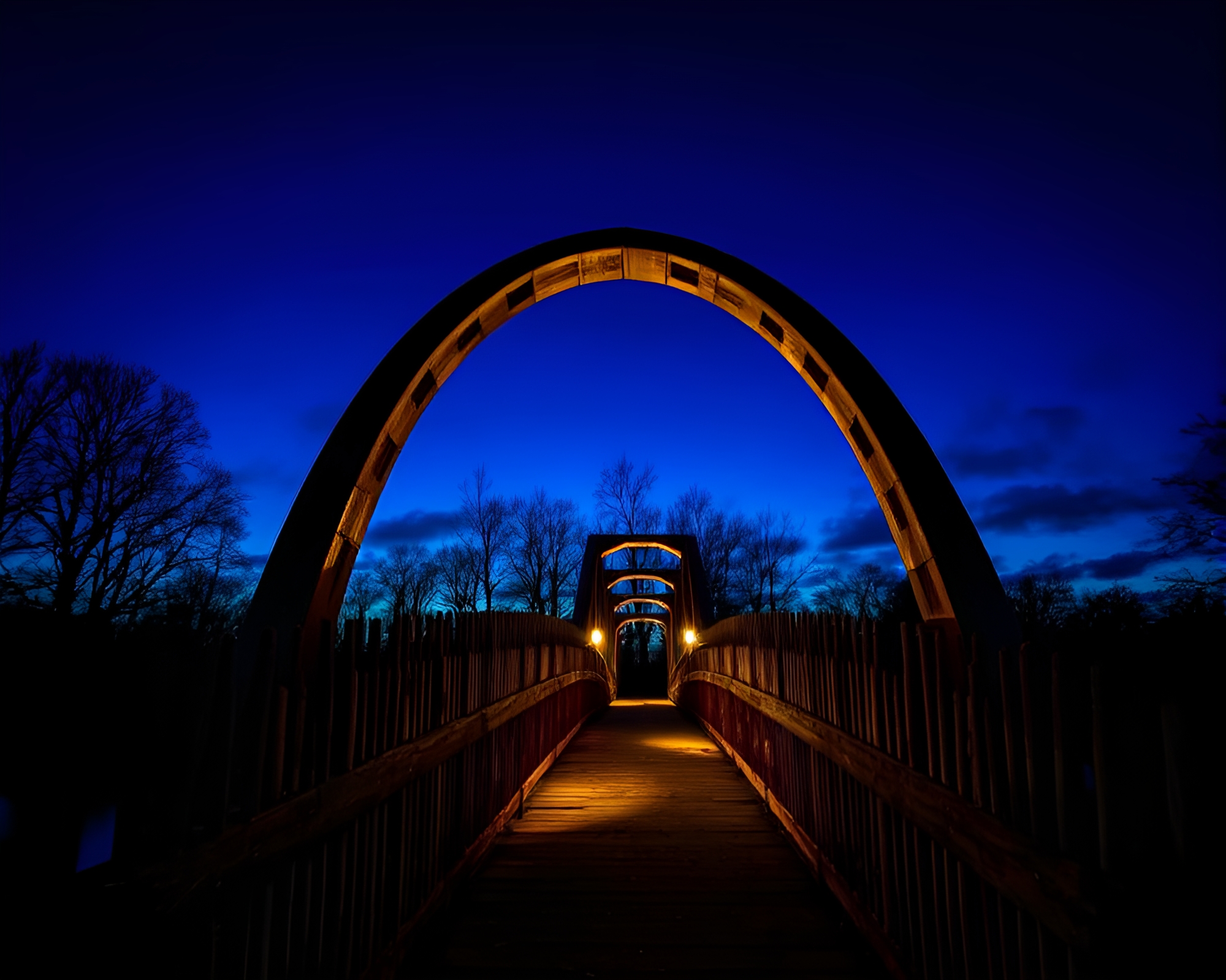 Dramatic Arch Bridge under Blue Hour Wood Grains – free AI stock image
