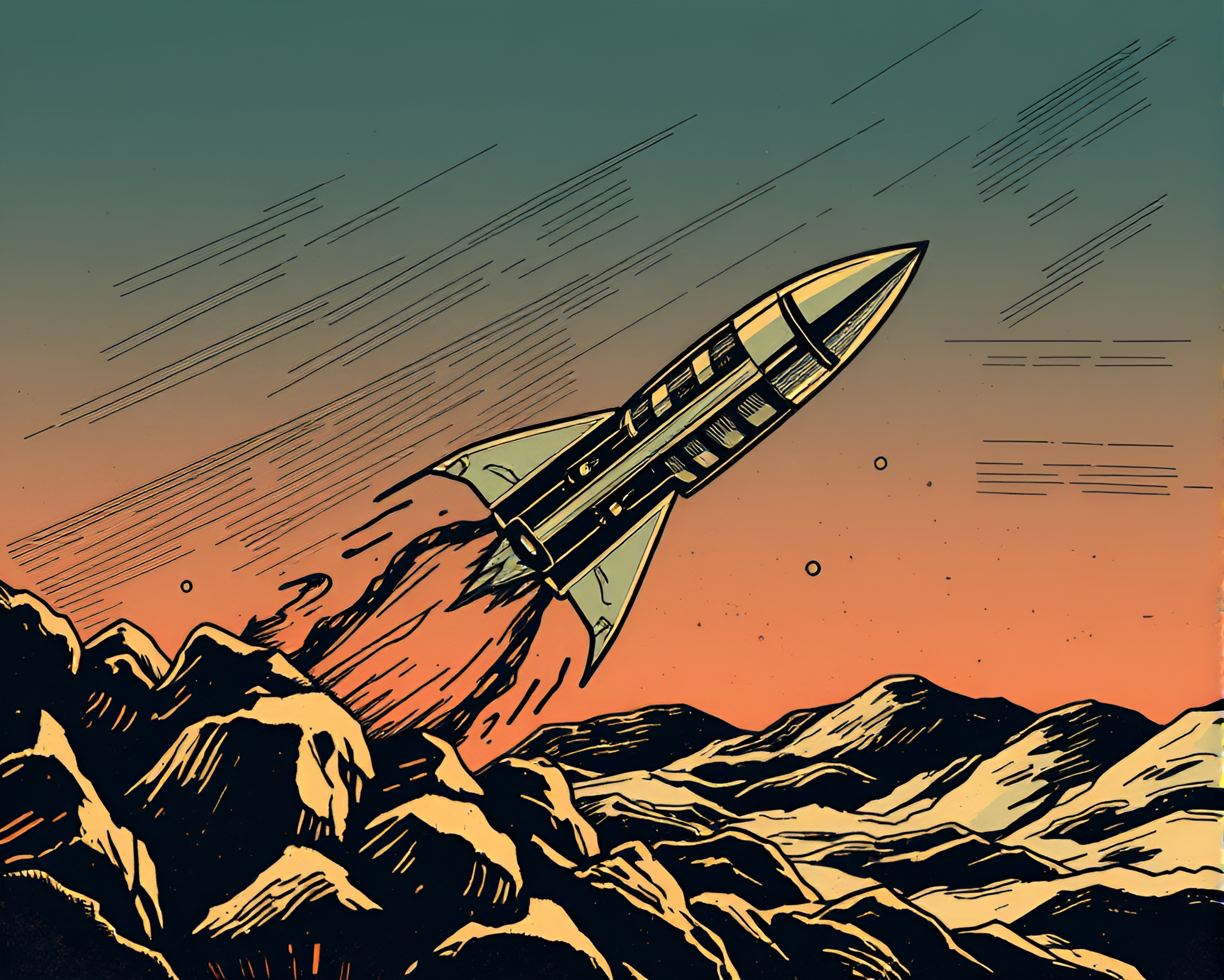 Fantasy Rocket Launch in Earth-Toned Sky – free AI stock image