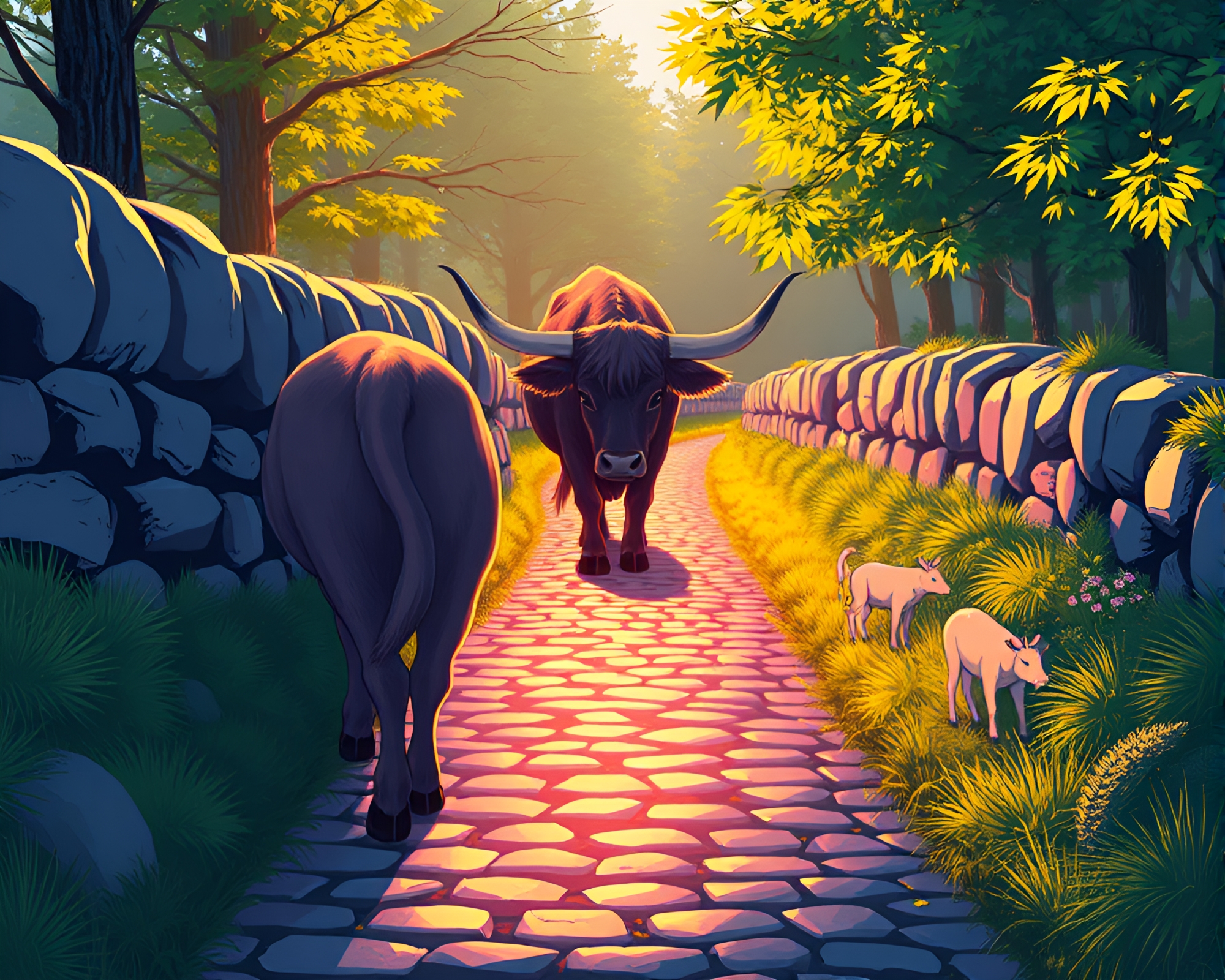 Serenity in Anime: Mystic Highland Cow on Cobblestone Path – free AI stock image