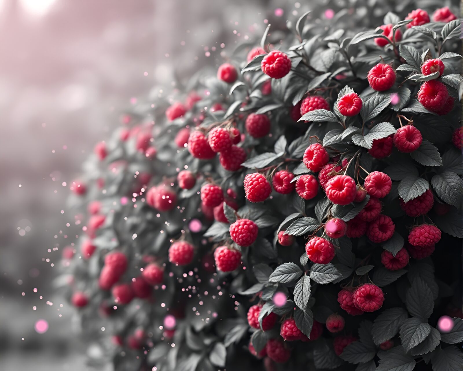 A dreamy monochrome image of floating raspberry particles